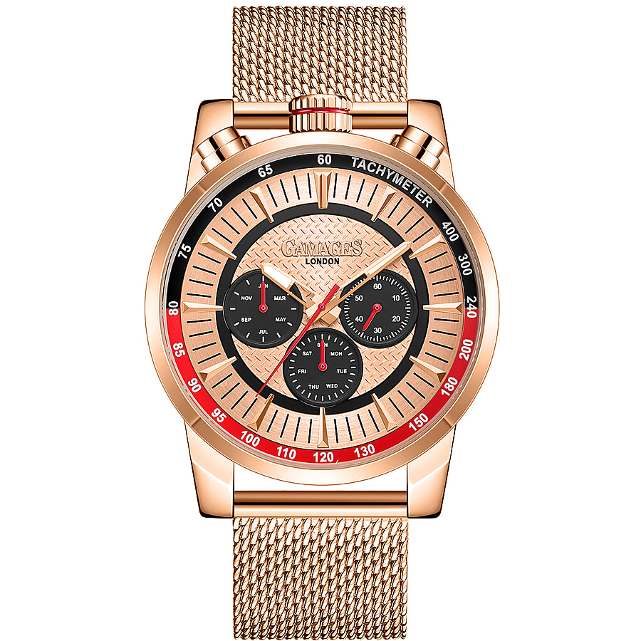 GAMAGES OF LONDON Limited Edition Hand Assembled Standing Timer Automatic Movement Rose Gold Dial Water Resistant Watch with Rose Gold Mesh Bracelet