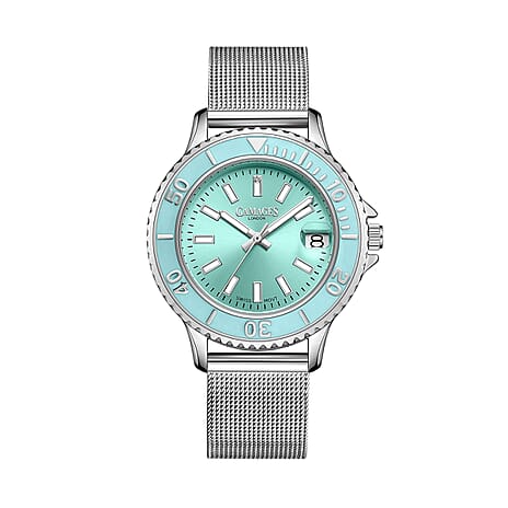 GAMAGES OF LONDON Ladies Swirl Timer Swiss Quartz Movement Blue Dial Diamond Studded Water Resistant Watch with Mesh Bracelet in Silver Tone