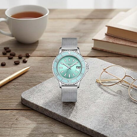 GAMAGES OF LONDON Ladies Swirl Timer Swiss Quartz Movement Blue Dial Diamond Studded Water Resistant Watch with Mesh Bracelet in Silver Tone