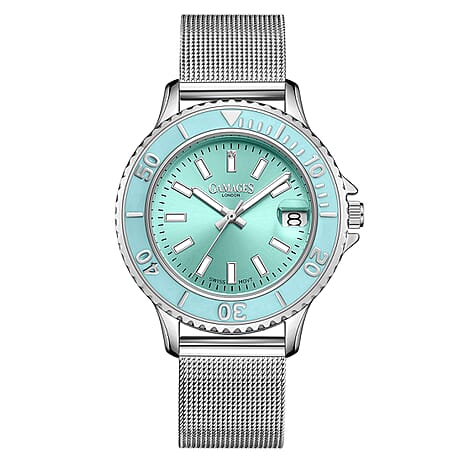 GAMAGES OF LONDON Ladies Swirl Timer Swiss Quartz Movement Blue Dial Diamond Studded Water Resistant Watch with Mesh Bracelet in Silver Tone