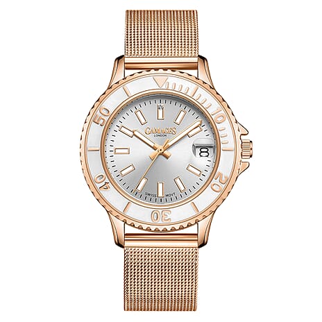 GAMAGES OF LONDON Ladies Swirl Timer Swiss Quartz Movement White Dial Diamond Studded Water Resistant Watch with Mesh Bracelet in Rose Gold Tone