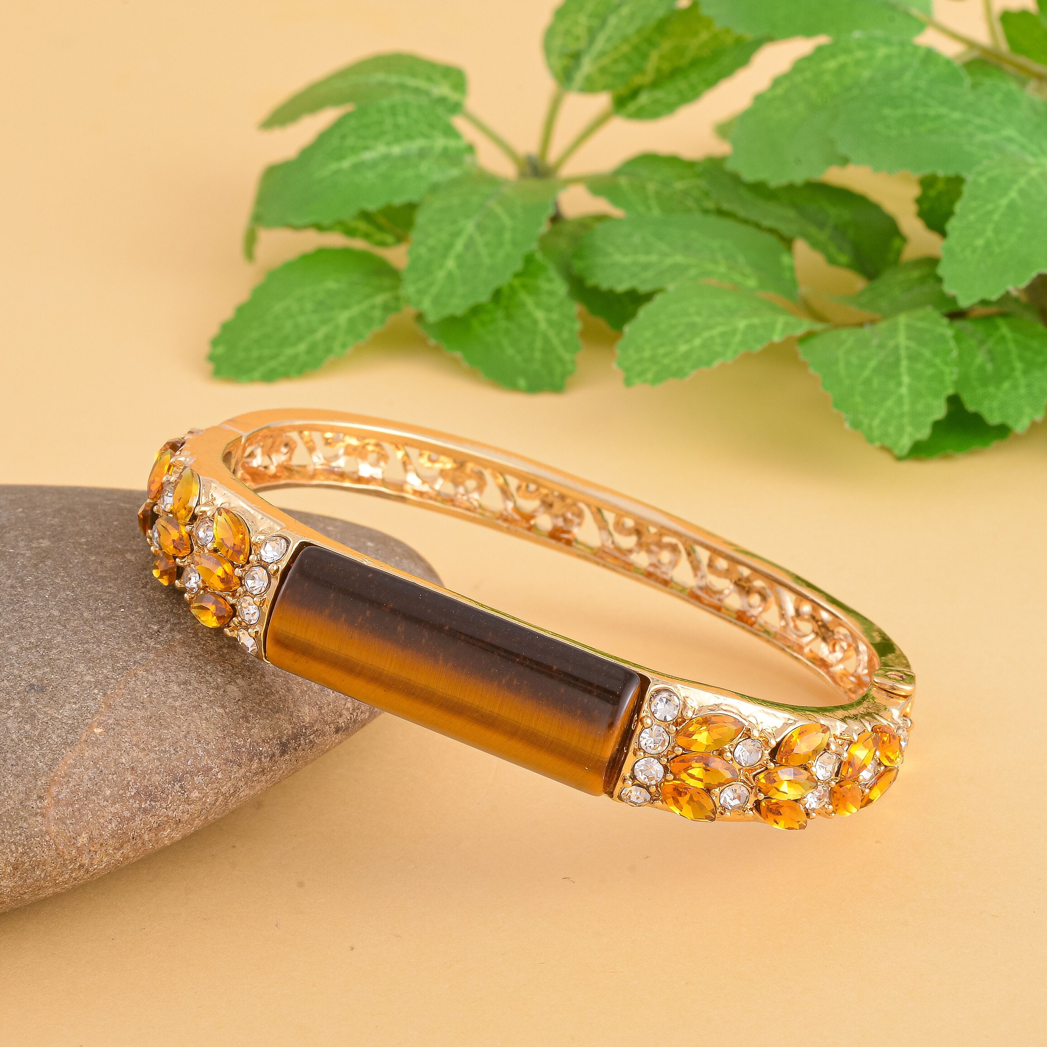 Yellow Tigers Eye, Champagne Diamond and White Austrian Crystal Bangle (Size - 7 ) in Yellow Gold Tone