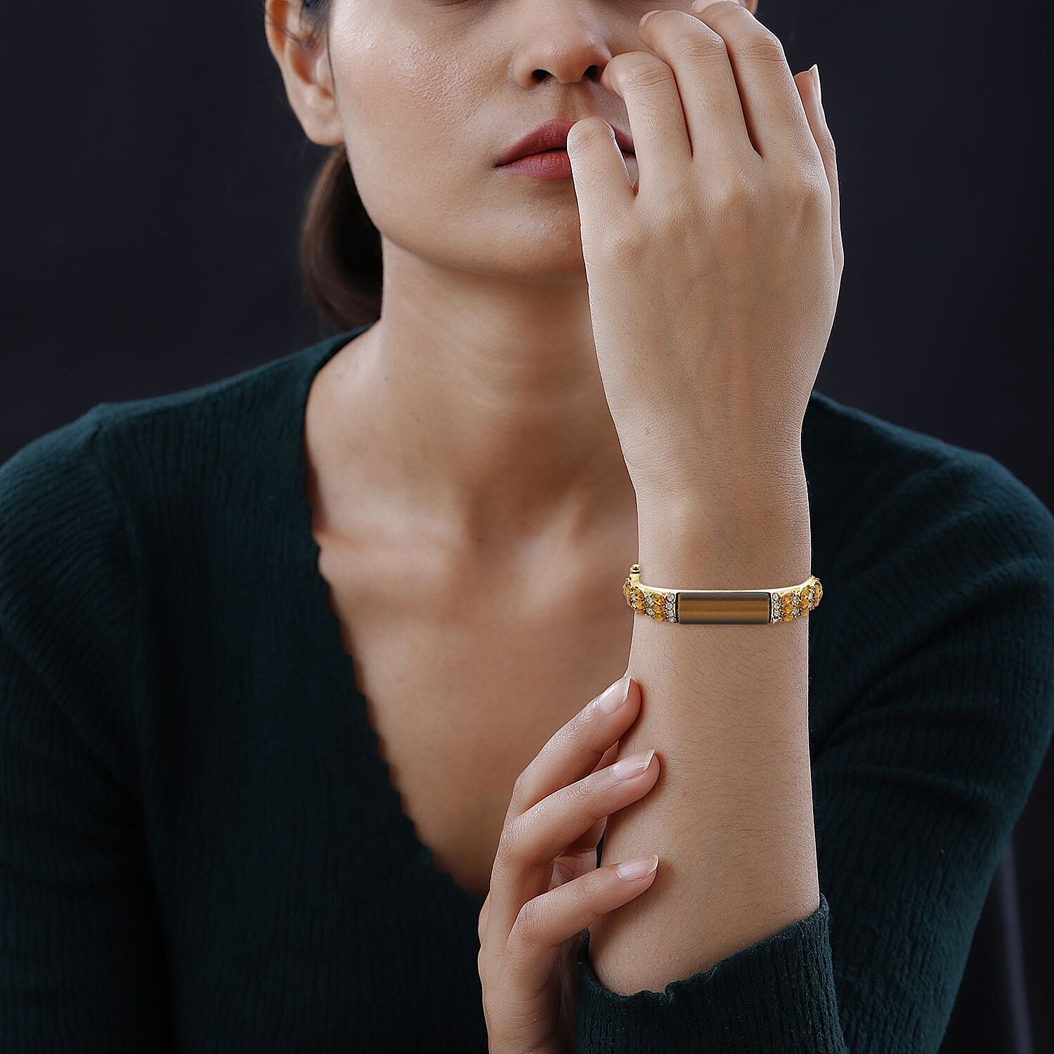 Yellow Tigers Eye, Champagne Diamond and White Austrian Crystal Bangle (Size - 7 ) in Yellow Gold Tone