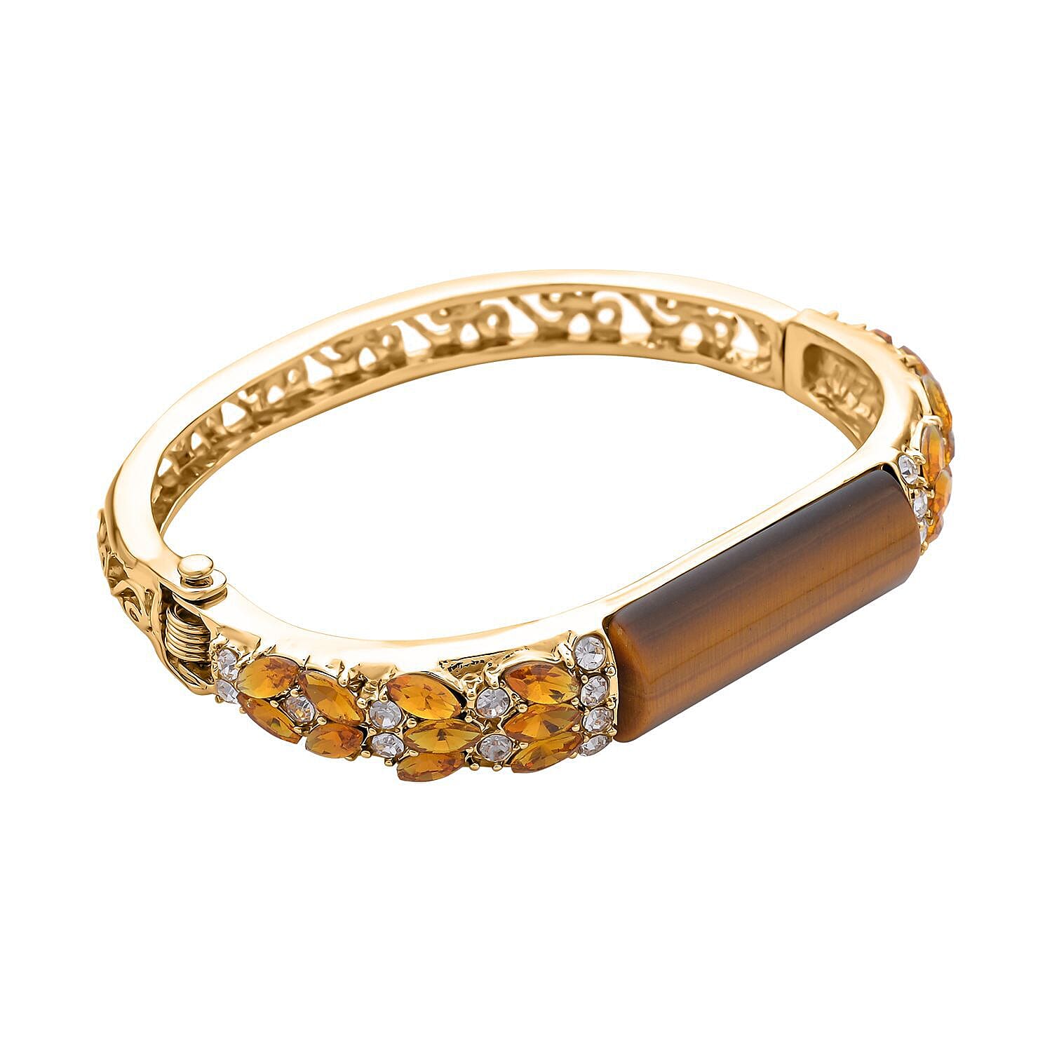 Yellow Tigers Eye, Champagne Diamond and White Austrian Crystal Bangle (Size - 7 ) in Yellow Gold Tone