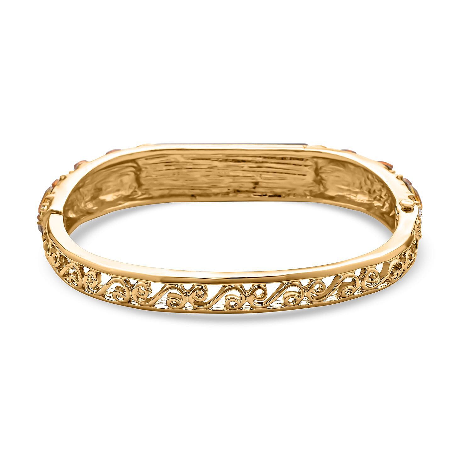 Yellow Tigers Eye, Champagne Diamond and White Austrian Crystal Bangle (Size - 7 ) in Yellow Gold Tone