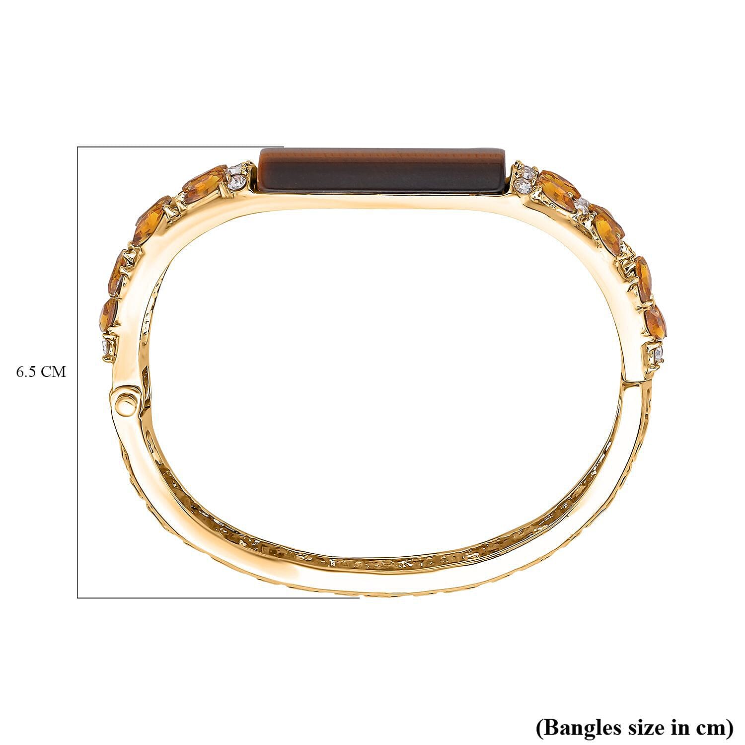Yellow Tigers Eye, Champagne Diamond and White Austrian Crystal Bangle (Size - 7 ) in Yellow Gold Tone