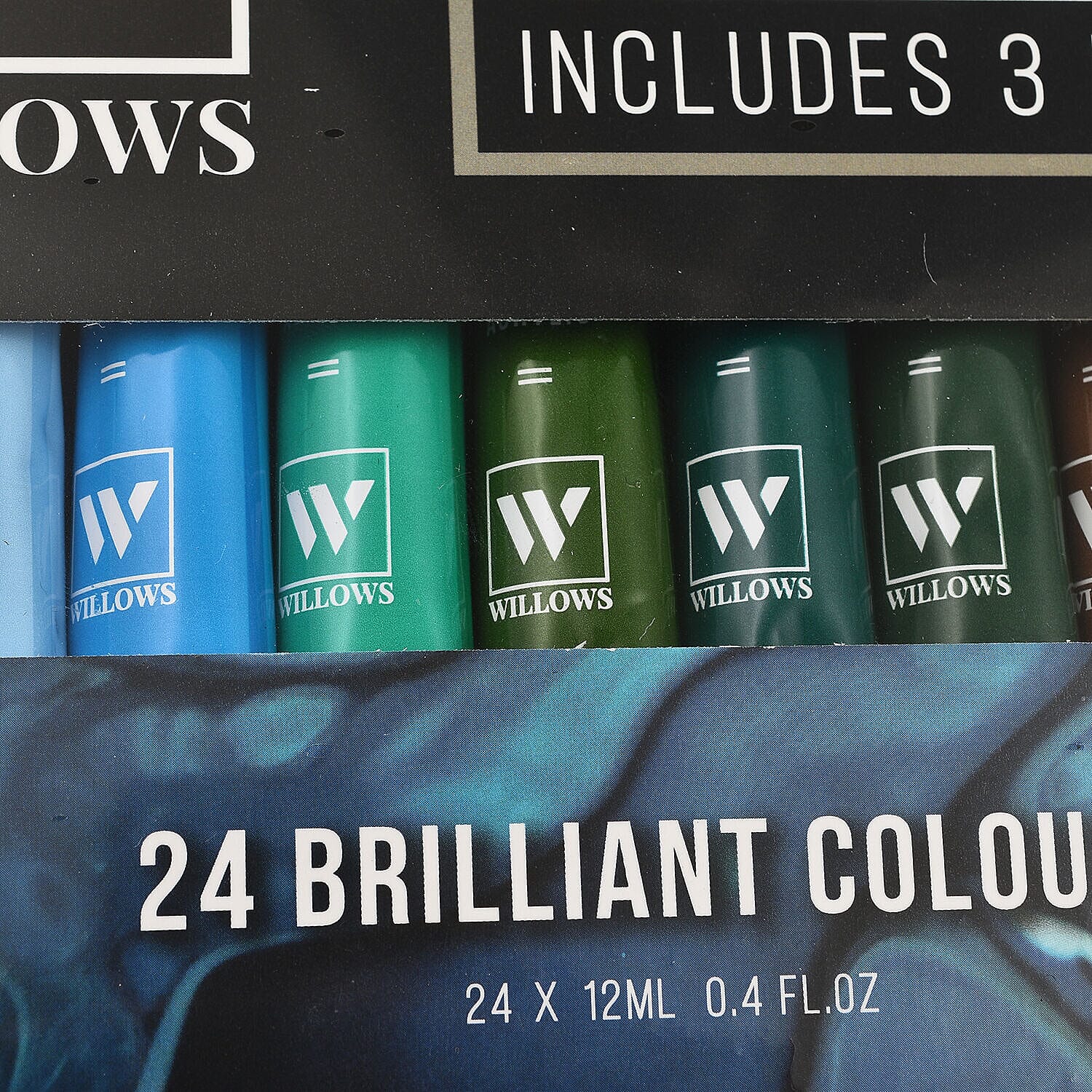 WILLOWS 24 Premium Acrylic Paint Set with Paint Brush- 24 Colour Tubes with 3 Paint Brush