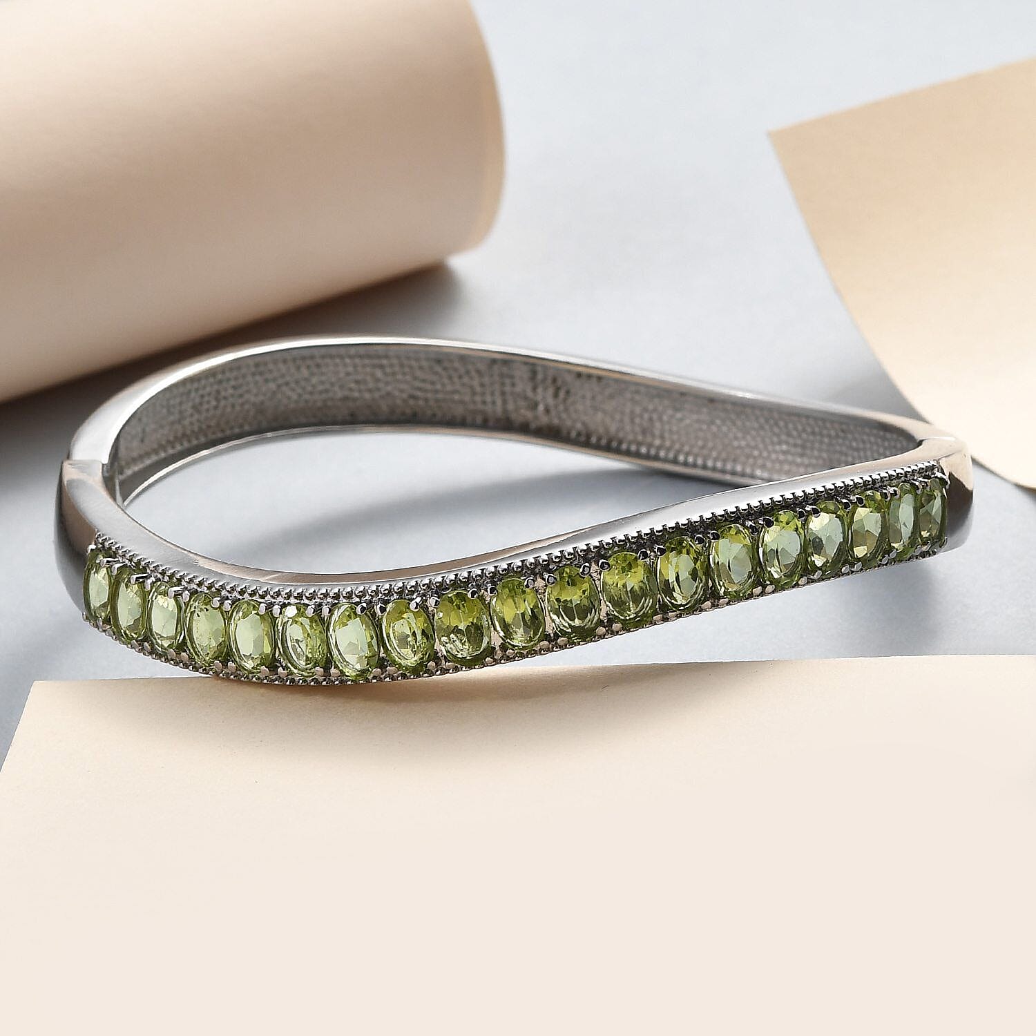 Hebei Peridot Half-Eternity Bangle (Size 7.5) in Stainless Steel 9.36 Ct