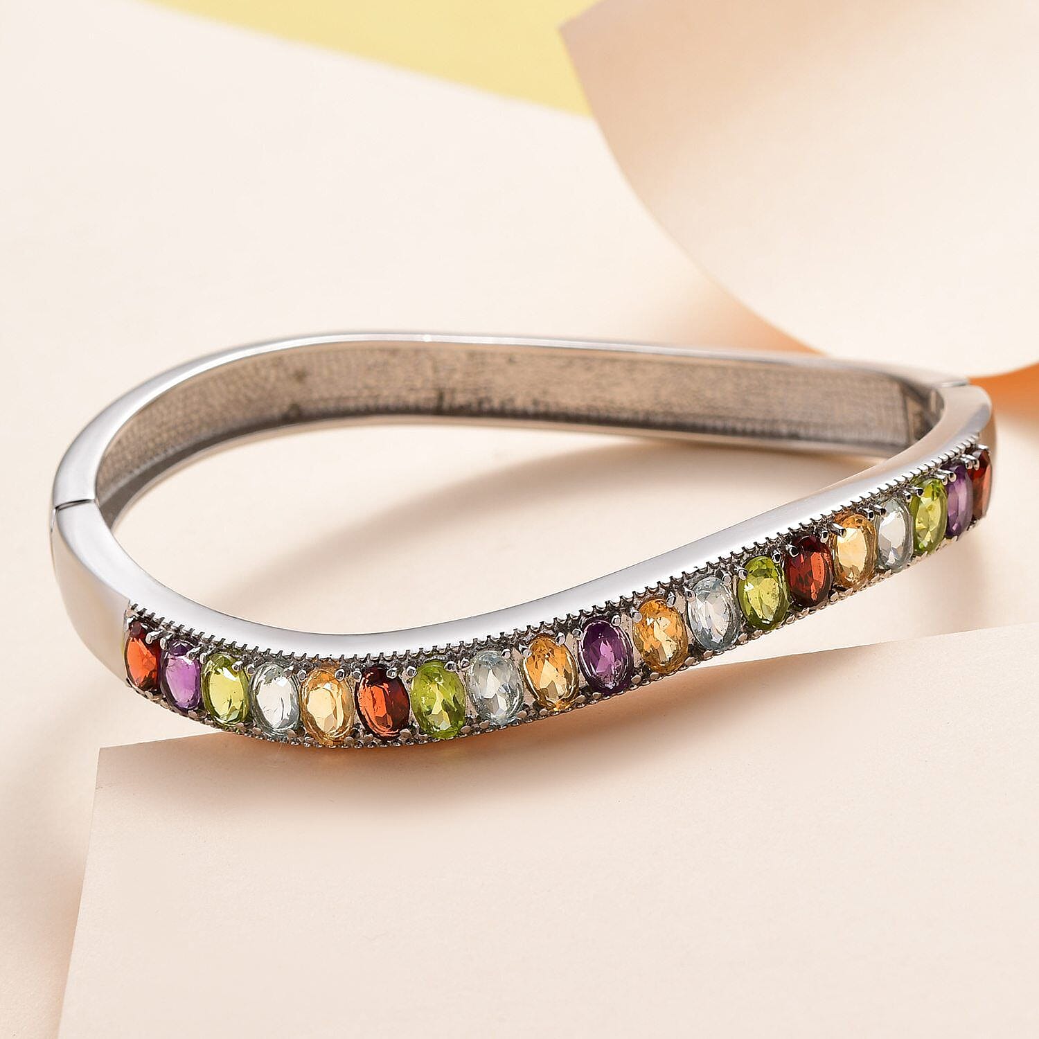 Red Garnet, Skyblue Topaz and Multi Gemstone Half Eternity Bangle (Size 7.5) in Stainless Steel 9.16 Ct