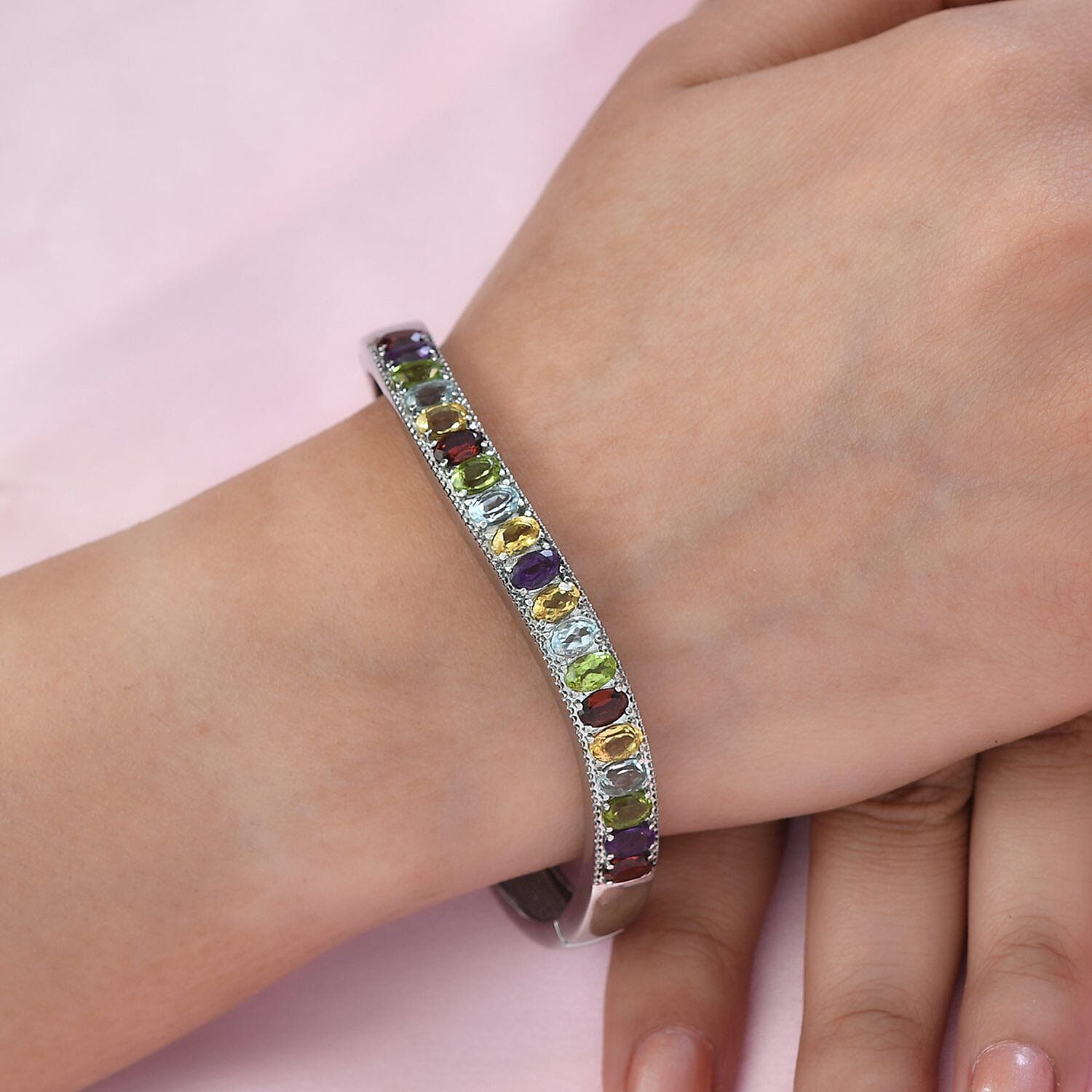 Red Garnet, Skyblue Topaz and Multi Gemstone Half Eternity Bangle (Size 7.5) in Stainless Steel 9.16 Ct