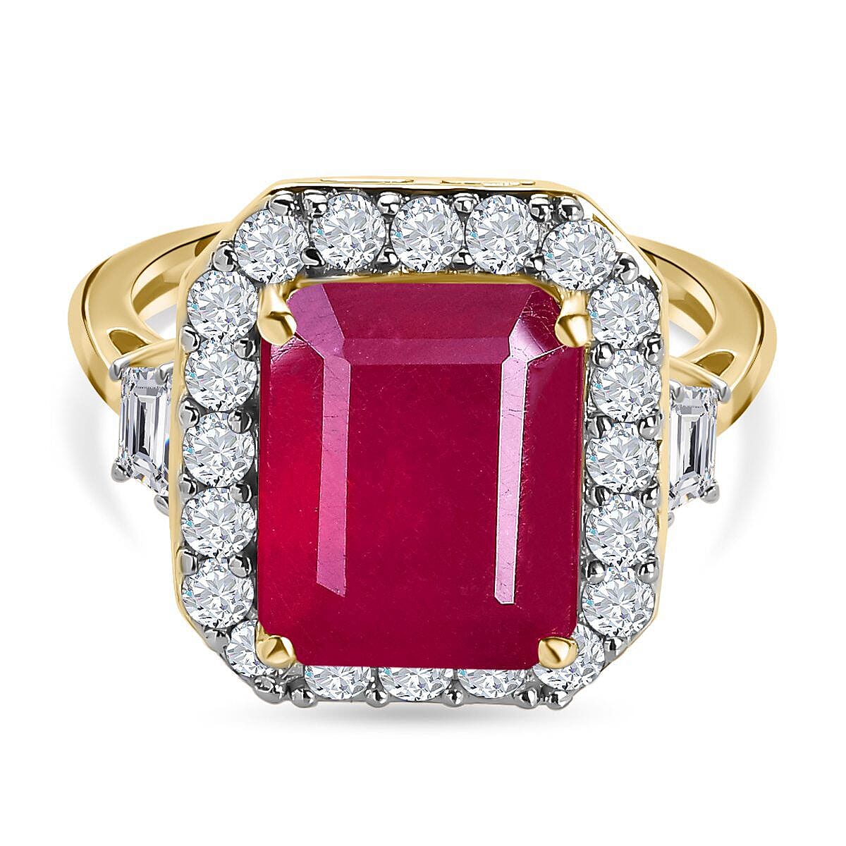 9K Yellow Gold African Ruby & Moissanite Halo Ring 7.71 Ct.