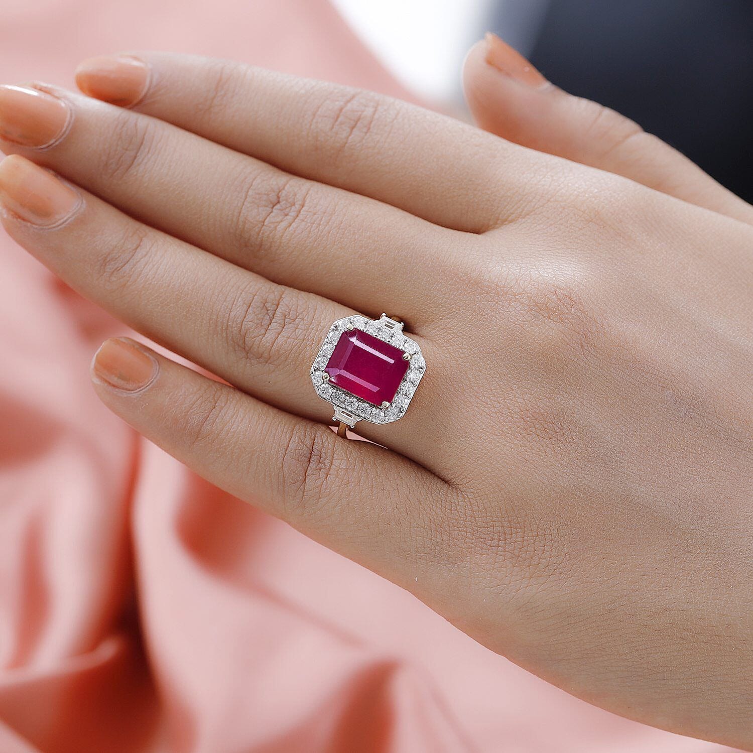 9K Yellow Gold African Ruby & Moissanite Halo Ring 7.71 Ct.