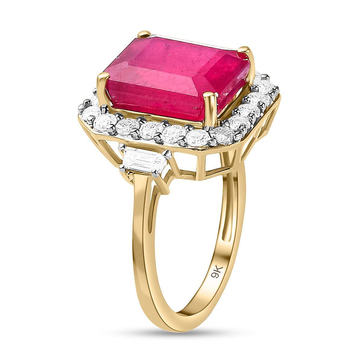 9K Yellow Gold African Ruby & Moissanite Halo Ring 7.71 Ct.