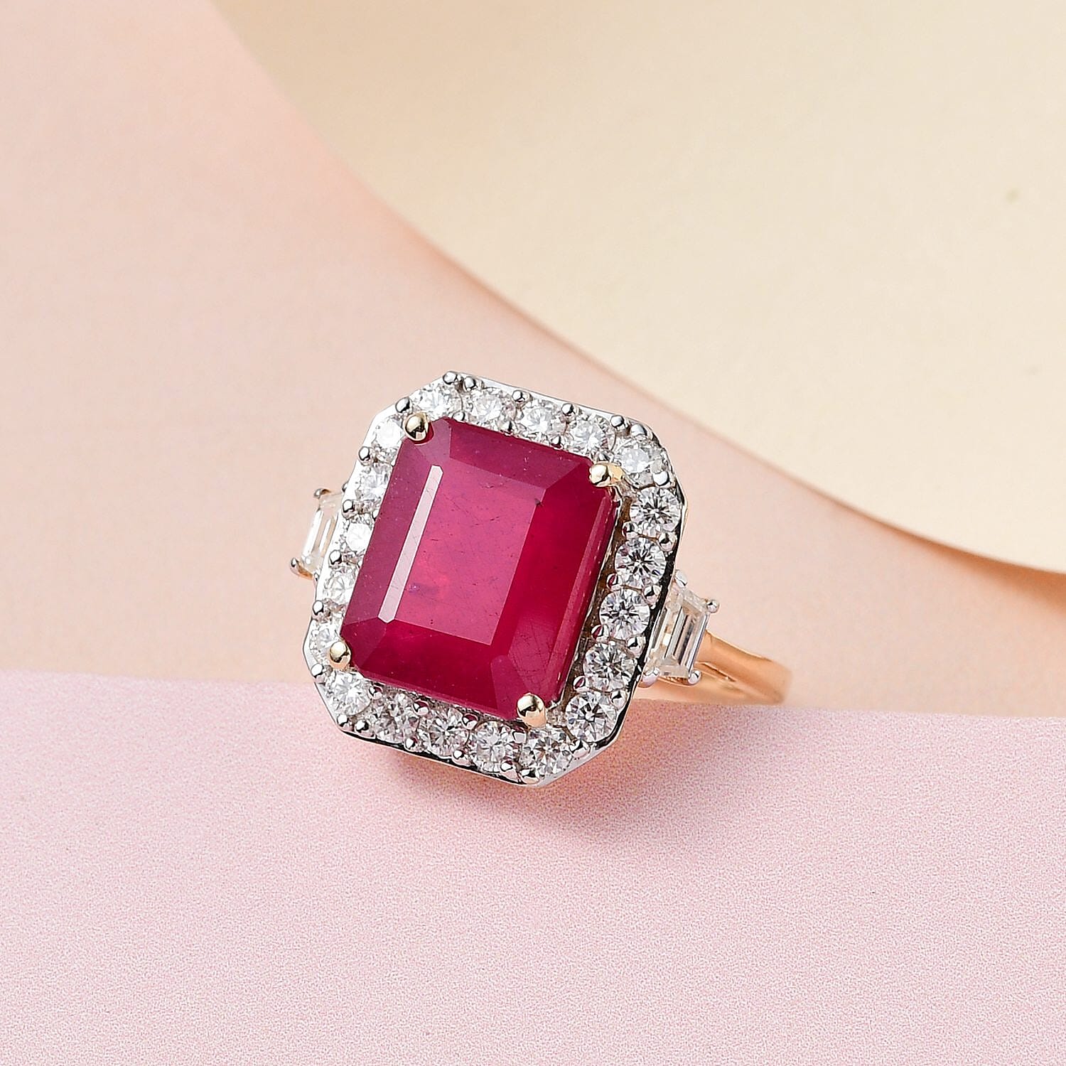 9K Yellow Gold African Ruby & Moissanite Halo Ring 7.71 Ct.