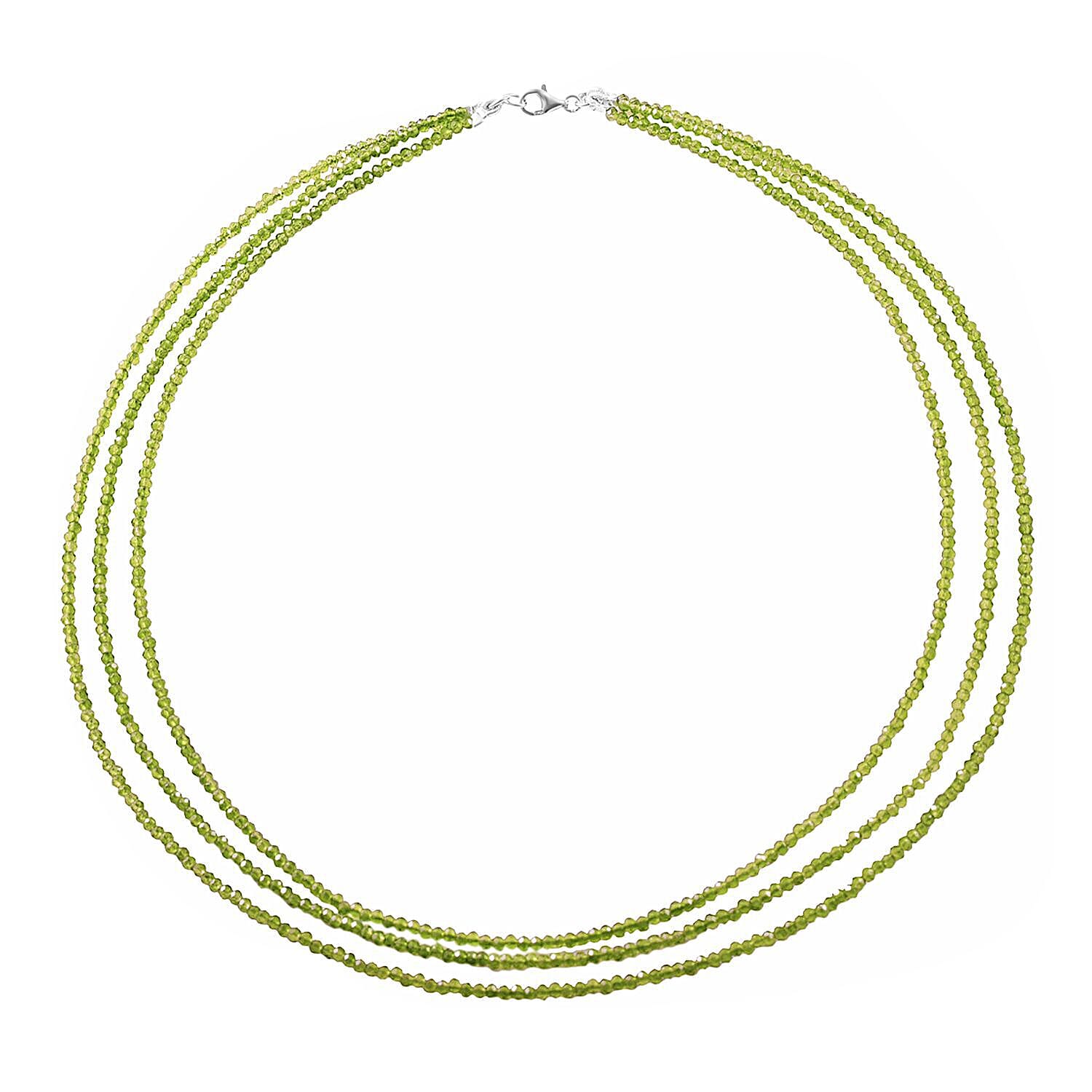 Hebei Peridot 3 Strand Necklace (Size - 18) in Rhodium Overlay Sterling Silver 50.00 Ct