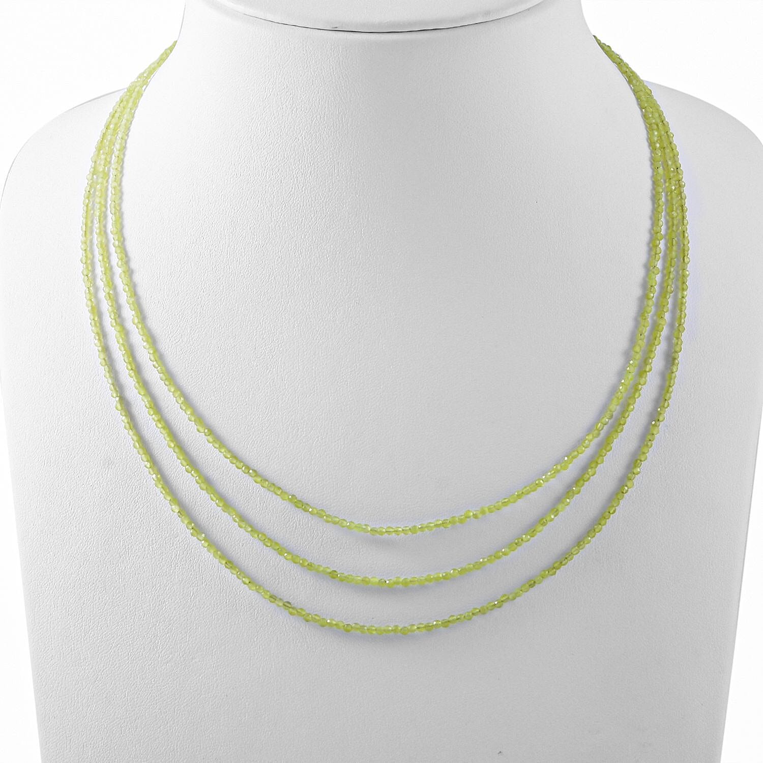 Hebei Peridot 3 Strand Necklace (Size - 18) in Rhodium Overlay Sterling Silver 50.00 Ct