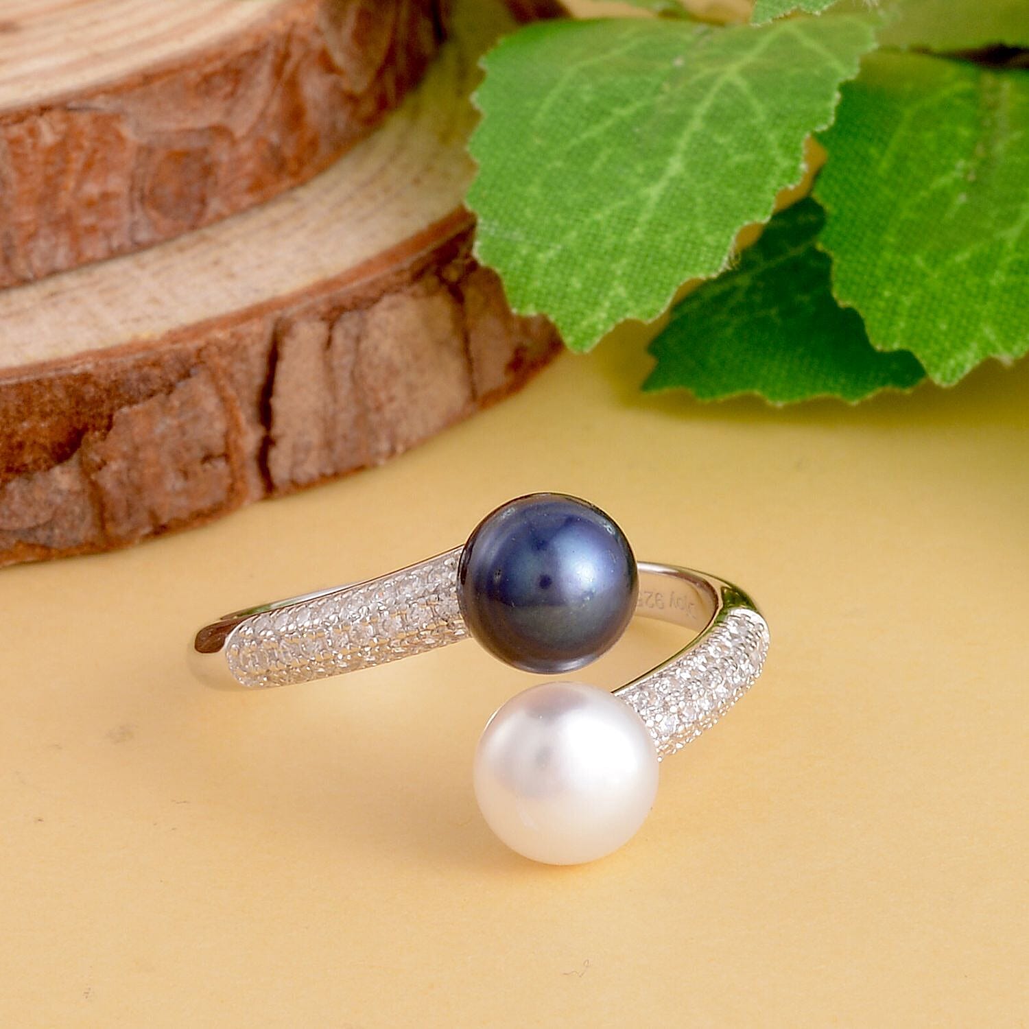 Fresh Water Peacock Pearl, White Fresh Water Pearl and Simulated Diamond Ring in Rhodium Overlay Sterling Silver