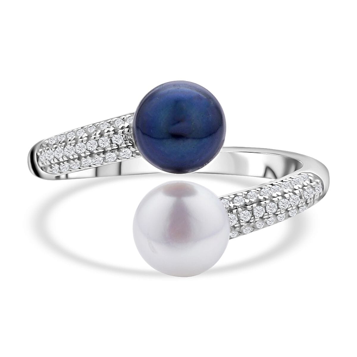 Fresh Water Peacock Pearl, White Fresh Water Pearl and Simulated Diamond Ring in Rhodium Overlay Sterling Silver