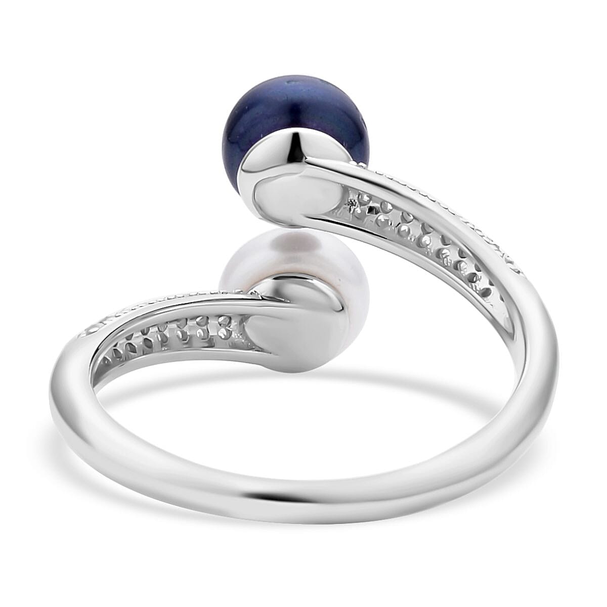 Fresh Water Peacock Pearl, White Fresh Water Pearl and Simulated Diamond Ring in Rhodium Overlay Sterling Silver