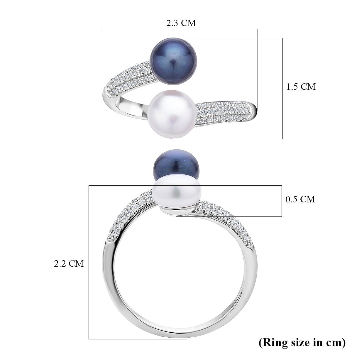 Fresh Water Peacock Pearl, White Fresh Water Pearl and Simulated Diamond Ring in Rhodium Overlay Sterling Silver
