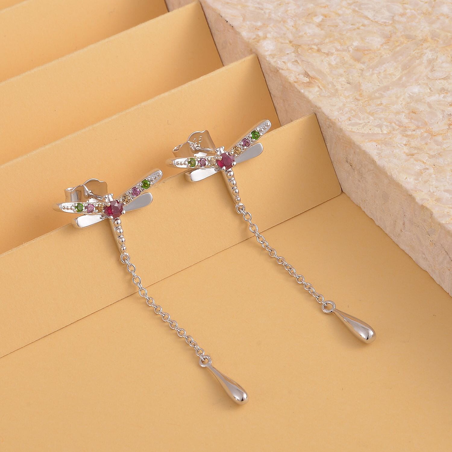 Dragonfly Collection - Ruby, Citrine and Multi Gemstone Earrings in Rhodium Overlay Sterling Silver