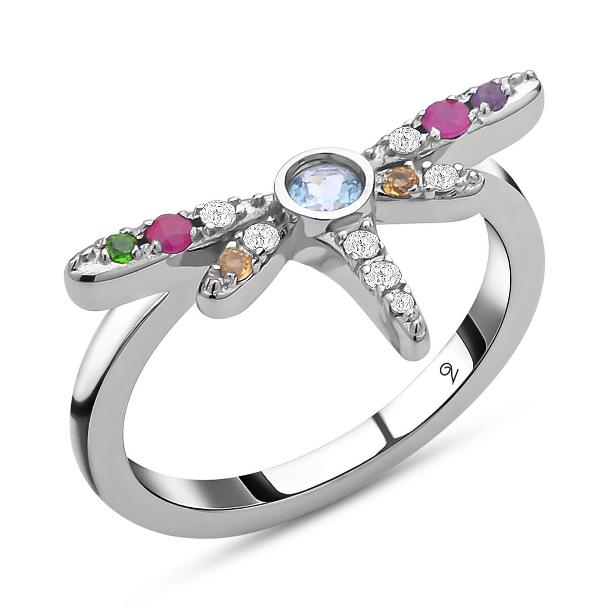 Lucy Q- Dragonfly Collection - Swiss Blue Topaz and Multi Gemstone Ring in Rhodium Overlay Sterling Silver