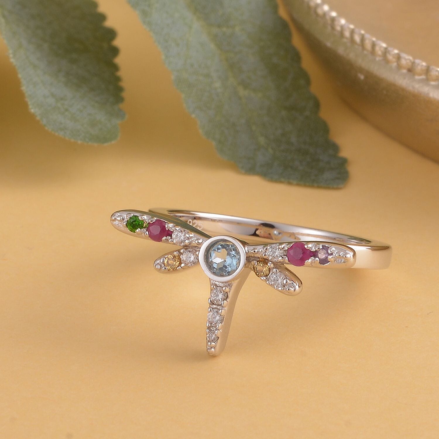 Lucy Q- Dragonfly Collection - Swiss Blue Topaz and Multi Gemstone Ring in Rhodium Overlay Sterling Silver