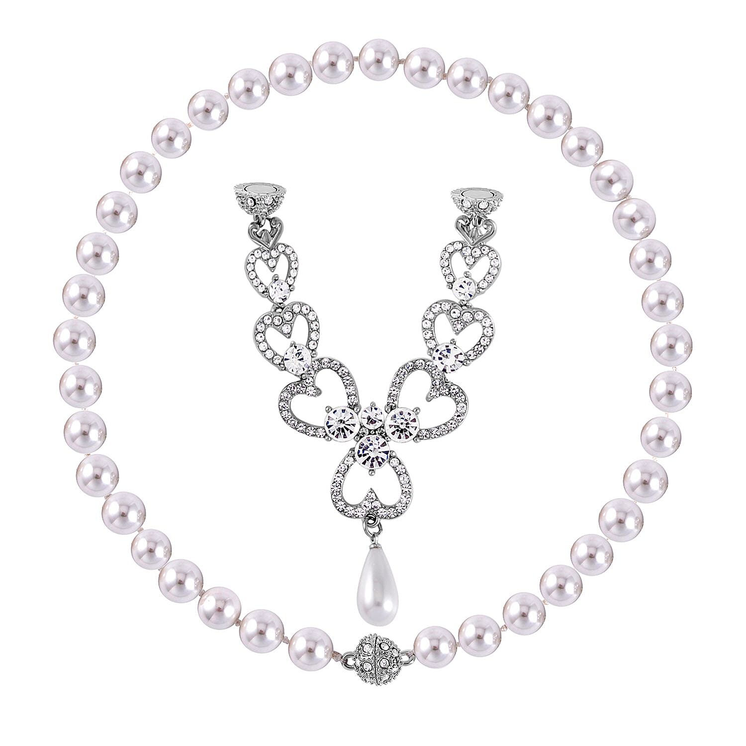White Austrian Crystal and White Shell Lovers Knot Pearl Necklace (Size - 23)