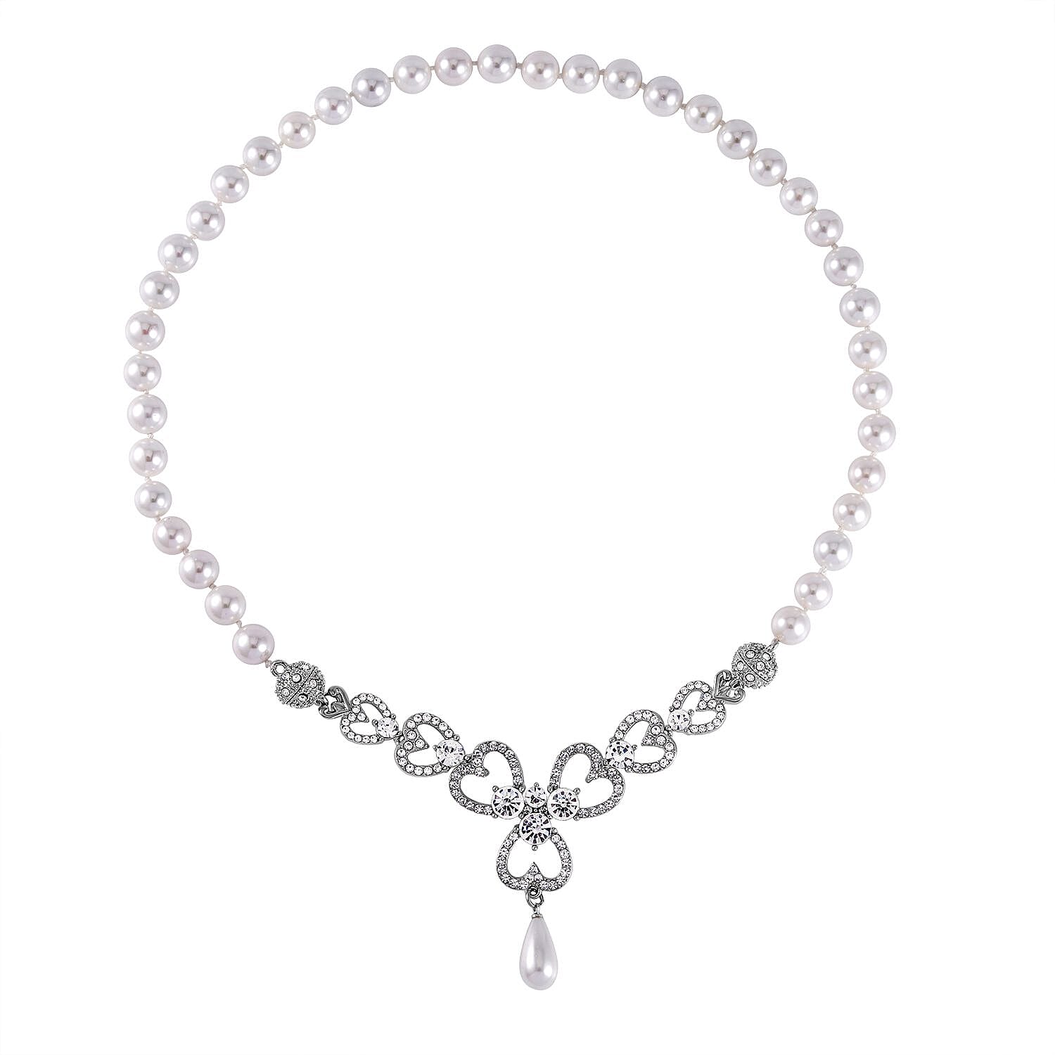 White Austrian Crystal and White Shell Lovers Knot Pearl Necklace (Size - 23)