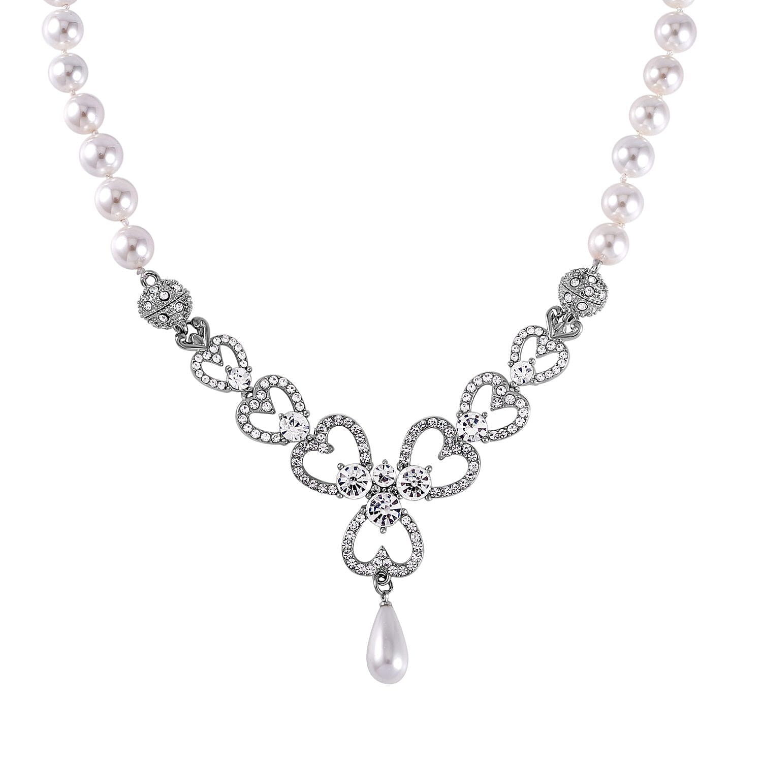 White Austrian Crystal and White Shell Lovers Knot Pearl Necklace (Size - 23)