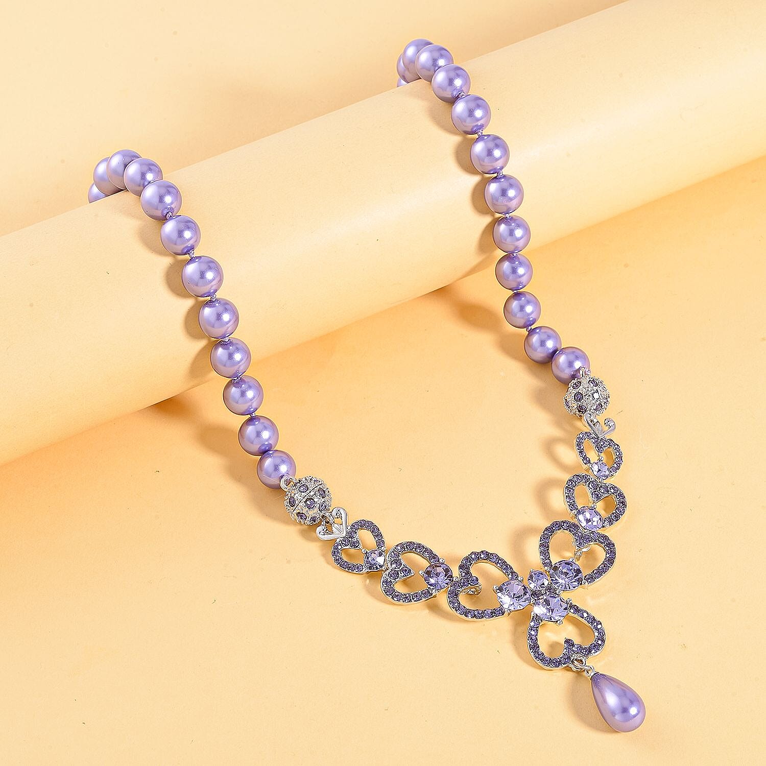 Purple Austrian Crystal and Pink Shell Pearl Necklace (Size - 23)