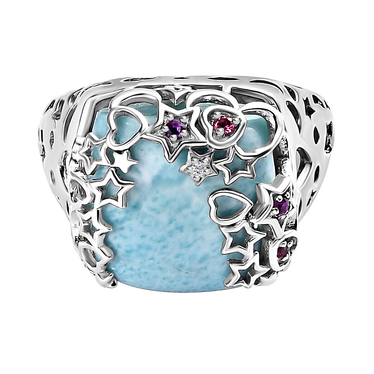 GP Celestial Dream Collection - Larimar, Natural Zircon and Multi Gemstone Ring in Platinum Overlay Sterling Silver 14.09 Ct, Silver Wt 6.30 Gms