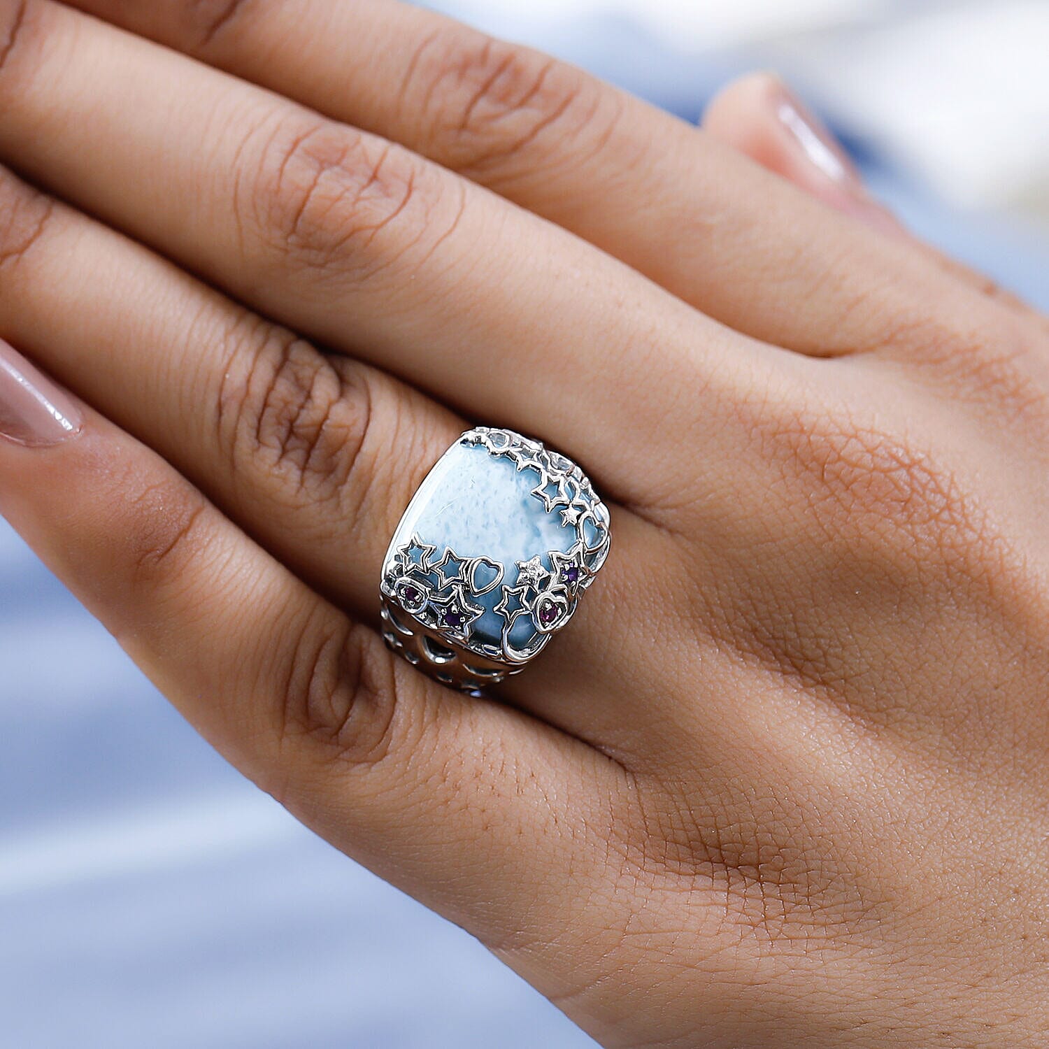 GP Celestial Dream Collection - Larimar, Natural Zircon and Multi Gemstone Ring in Platinum Overlay Sterling Silver 14.09 Ct, Silver Wt 6.30 Gms