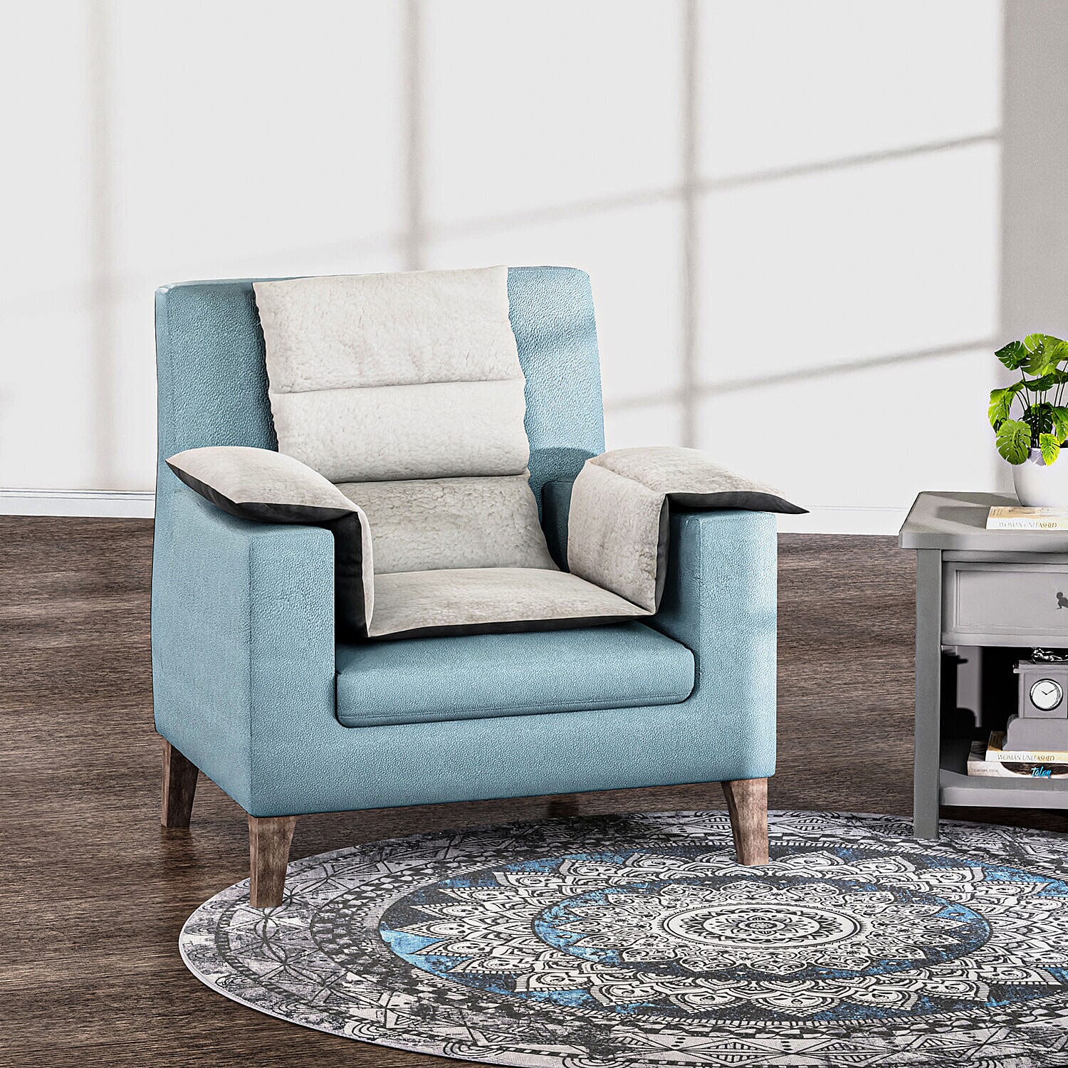 TJC Essentials Microfiber Sherpa Lined Arm Chair Cushion (Size 65x45 cm) - Light Grey