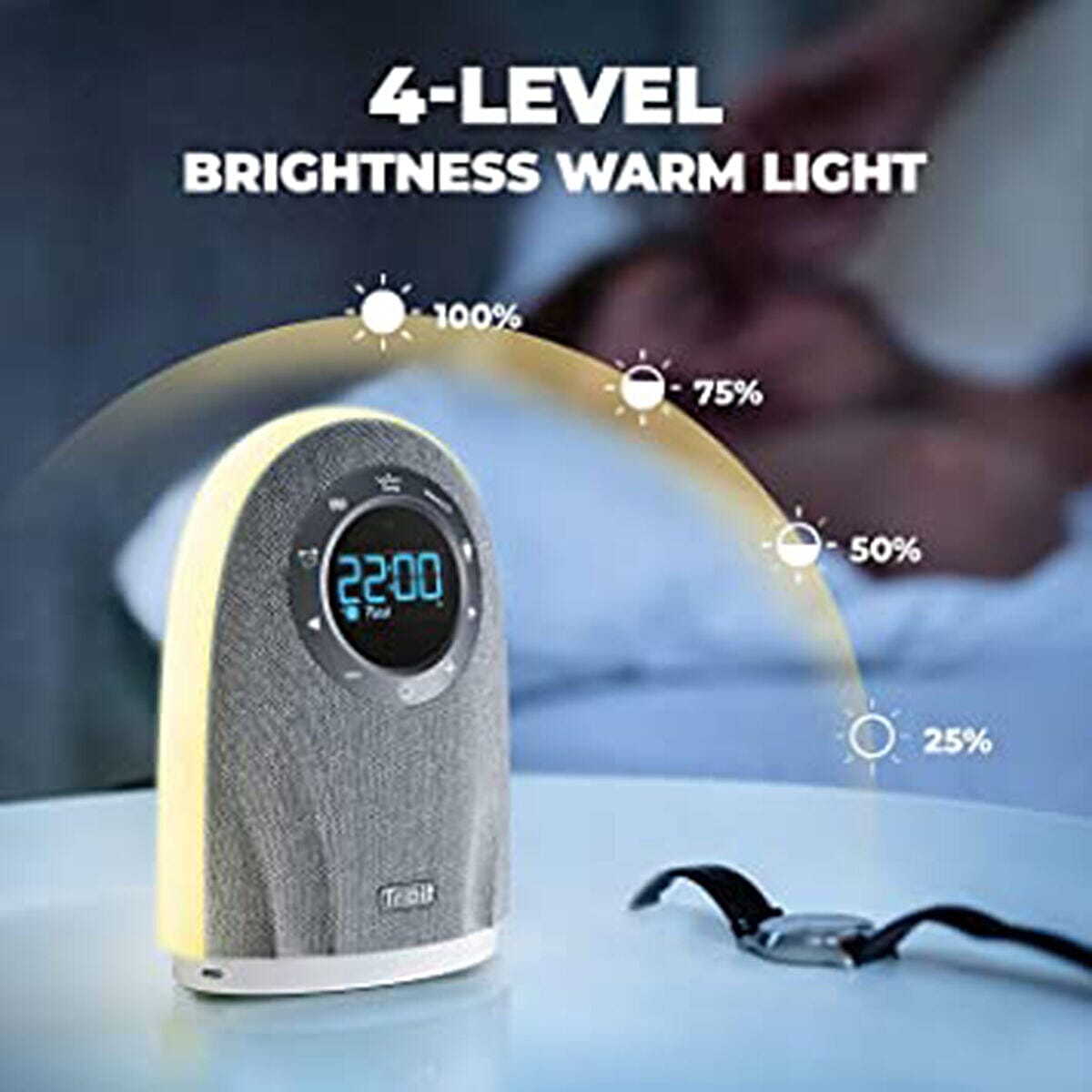 Tribit Night Light Bluetooth Speaker, Alarm Clock with Touch Sensor Control, White Light, Bedside Lamp with 2 USB Output Port for Charging Phones and Adapter Powered