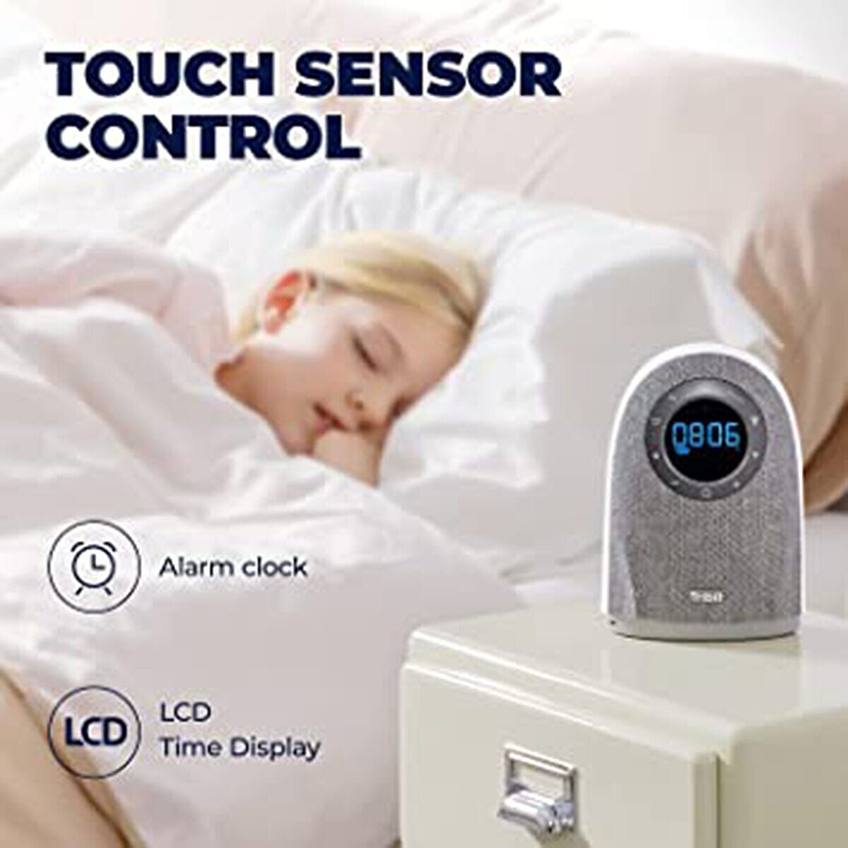 Tribit Night Light Bluetooth Speaker, Alarm Clock with Touch Sensor Control, White Light, Bedside Lamp with 2 USB Output Port for Charging Phones and Adapter Powered