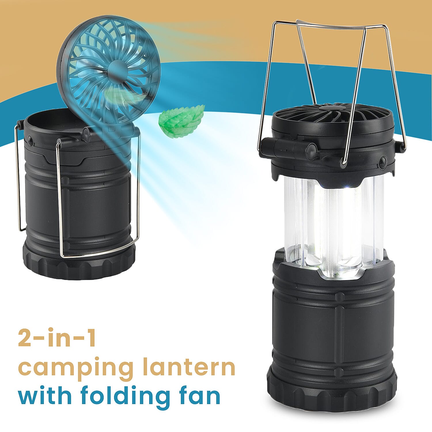 2-in-1 Portable Lantern with Folding Fan (3 AA battery, Not included)- Black