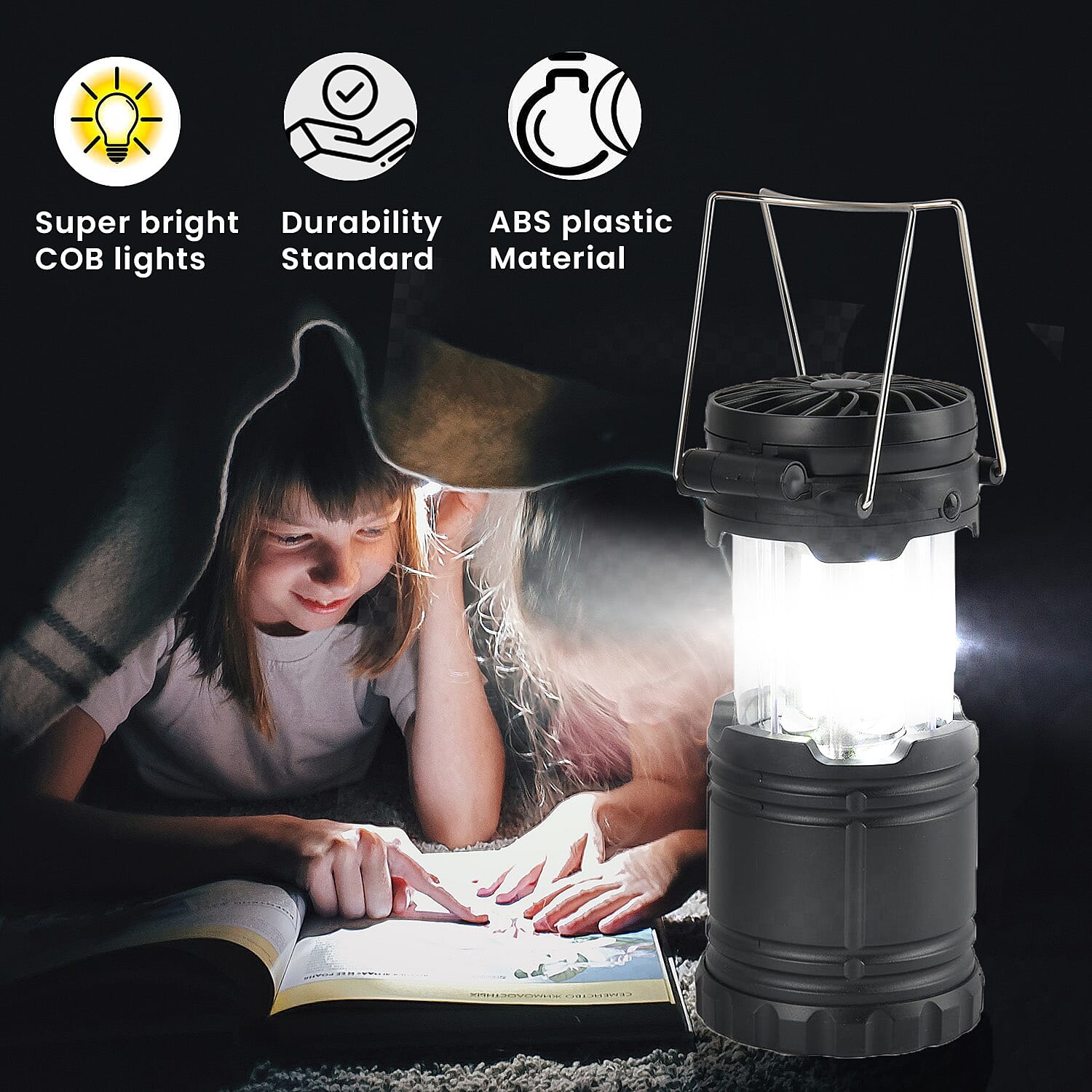 2-in-1 Portable Lantern with Folding Fan (3 AA battery, Not included)- Black