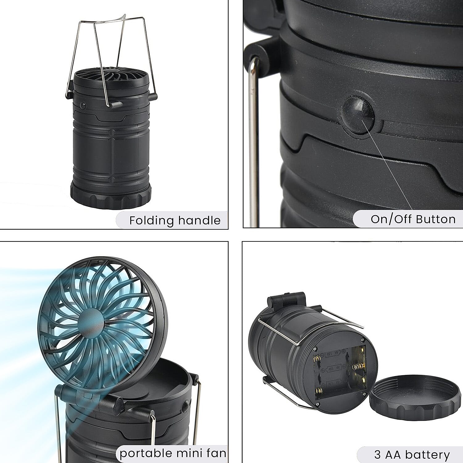 2-in-1 Portable Lantern with Folding Fan (3 AA battery, Not included)- Black