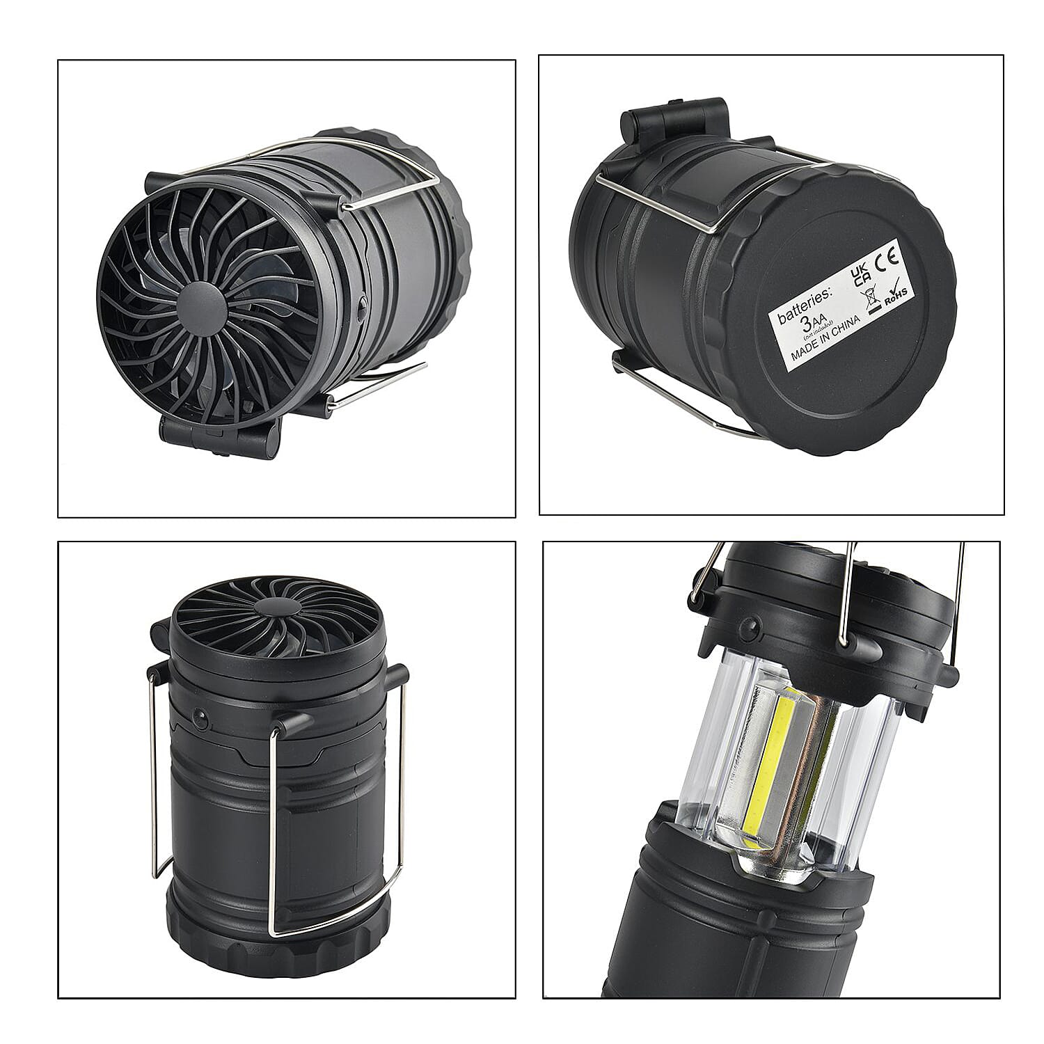 2-in-1 Camping Lantern with Folding Fan - Black