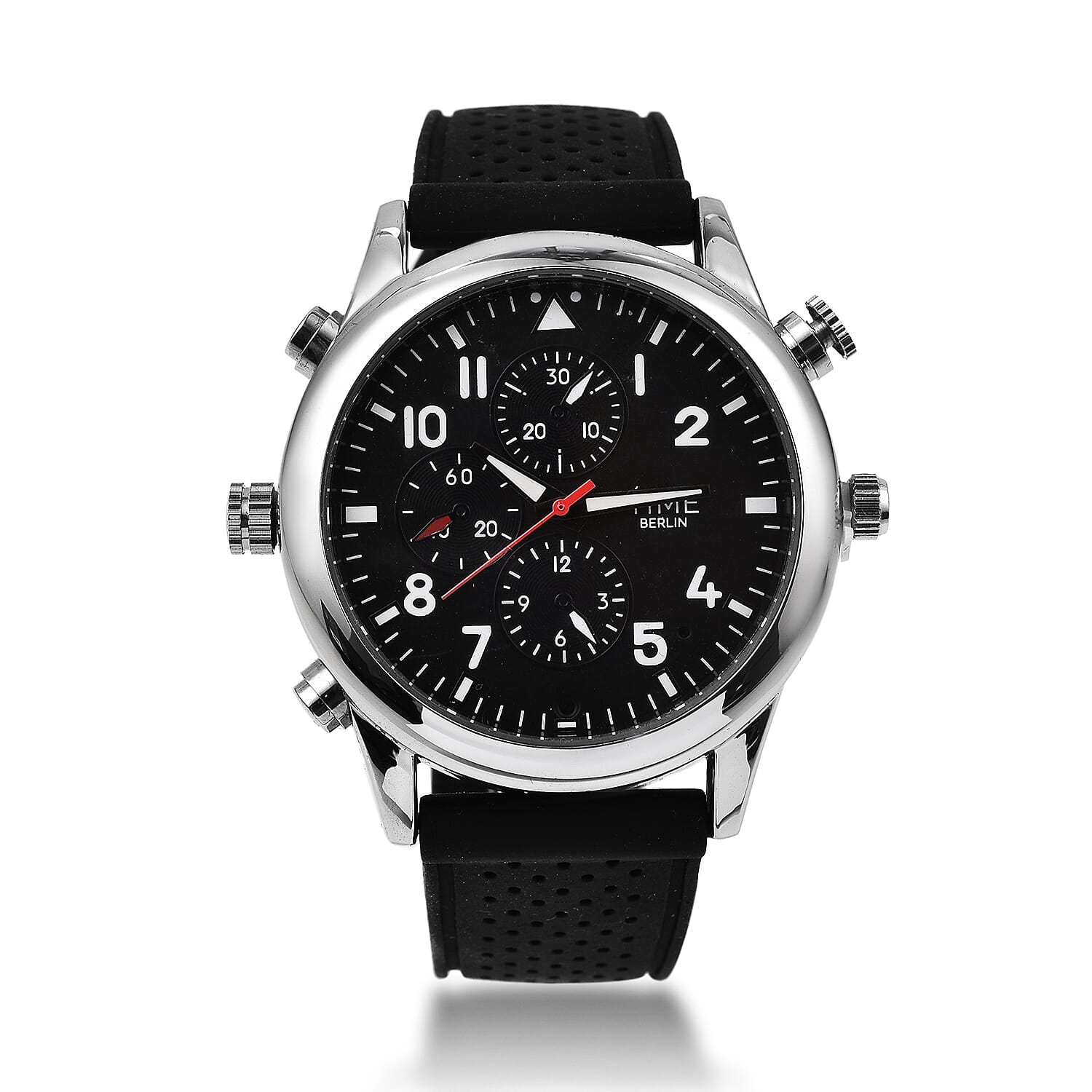 Time Berlin Camera Watch - with Camera and Microphone, 4GB Internal Memory in Stainless Steel - Black strap