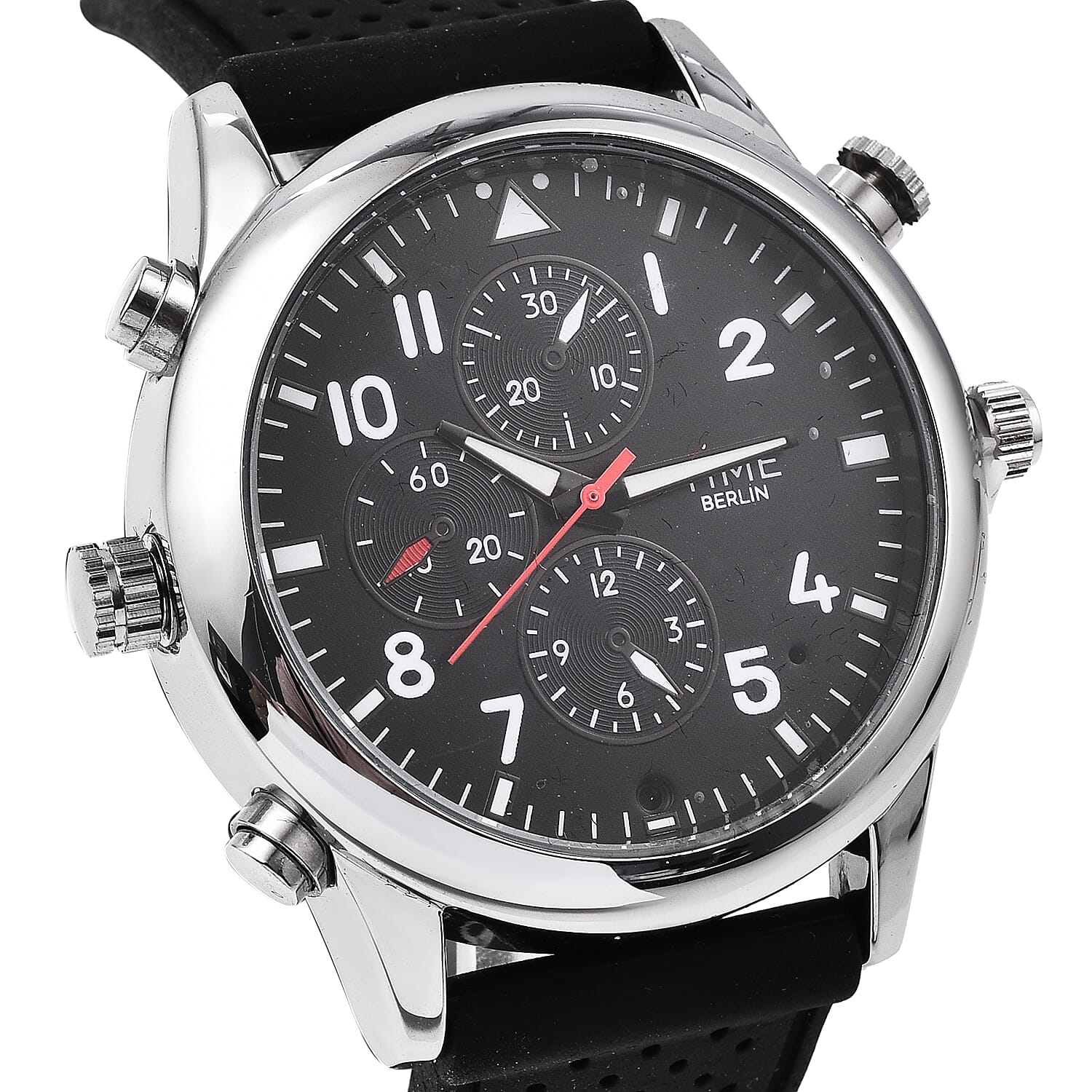 Time Berlin Camera Watch - with Camera and Microphone, 4GB Internal Memory in Stainless Steel - Black strap