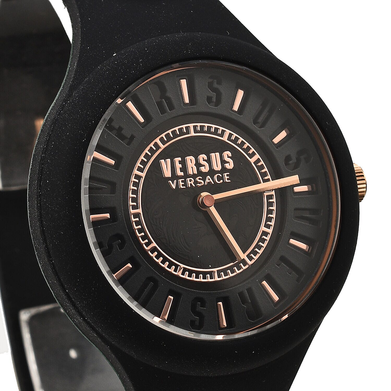 Closeout Deal - Versus Versace Designer 39mm Water Resistant Black Dial Watch with Black Silicon Strap
