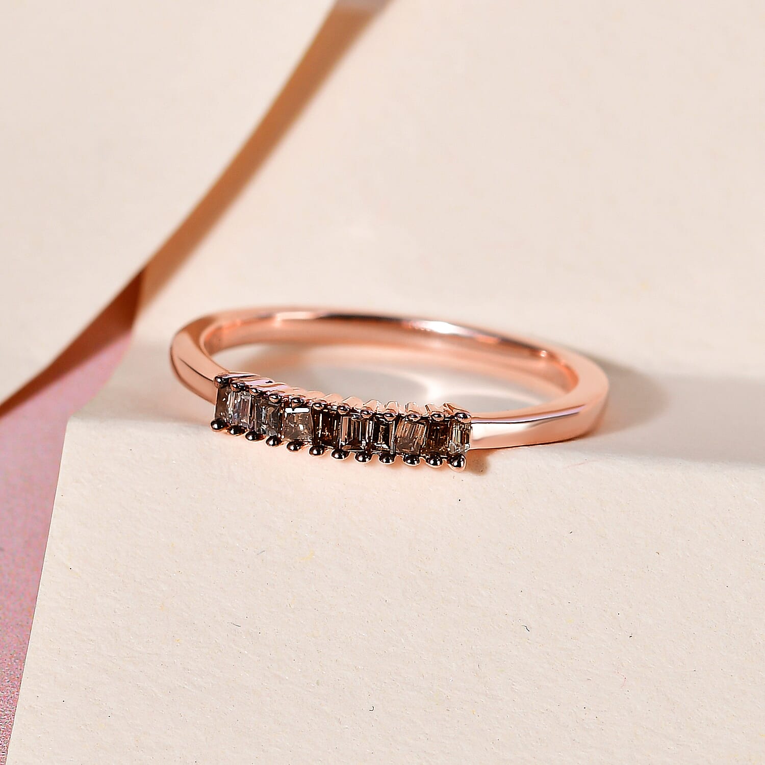Natural Champagne Diamond Band Ring in 18K Vermeil Rose Gold Plated Sterling Silver