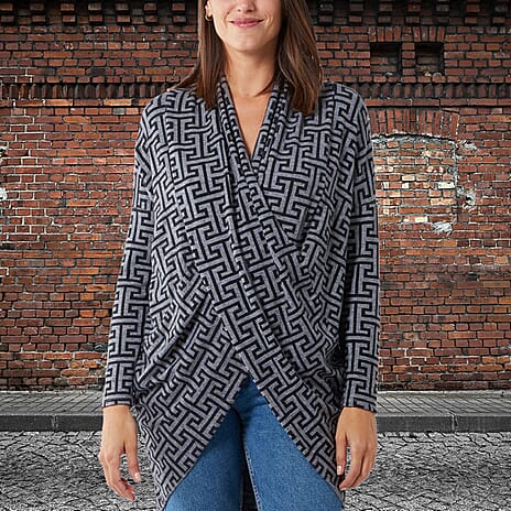 TAMSY Geometric Pattern Draped Neck Knitted Tunic (Size 75x65 Cm) - Black - Grey