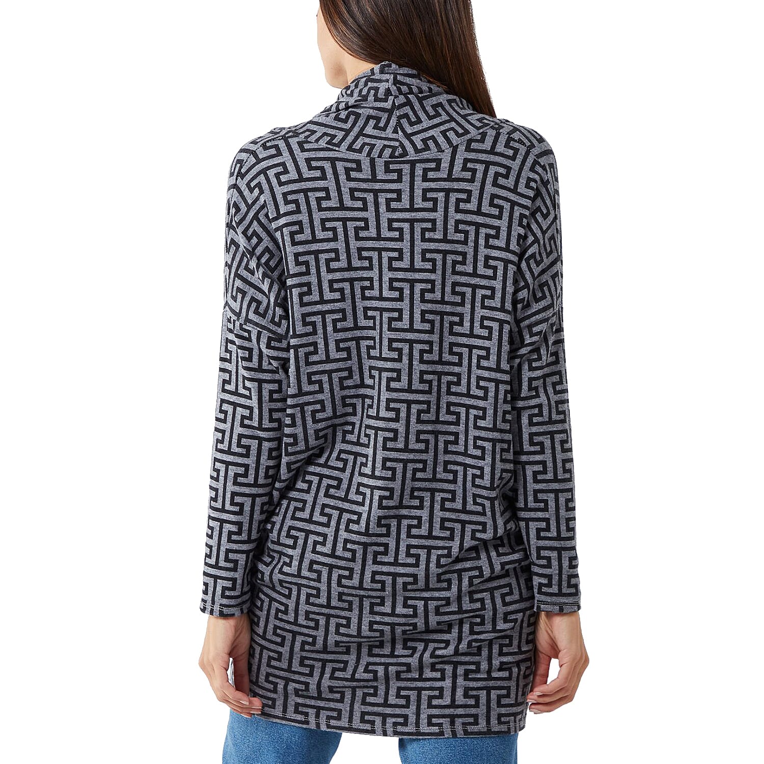 TAMSY Geometric Pattern Draped Neck Knitted Tunic (Size 75x65 Cm) - Black & Grey