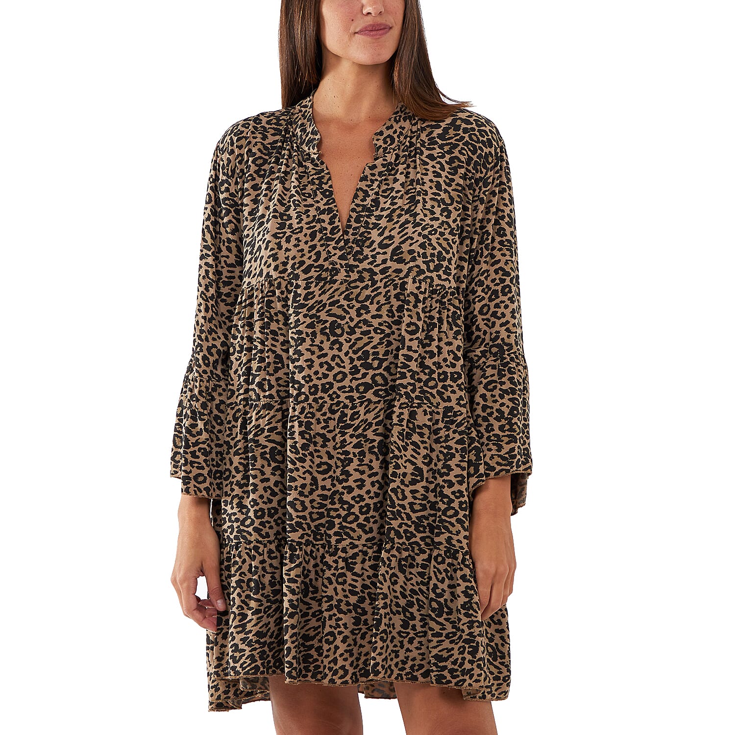 TAMSY Viscose Leopard Pattern Smock Dress - Khaki