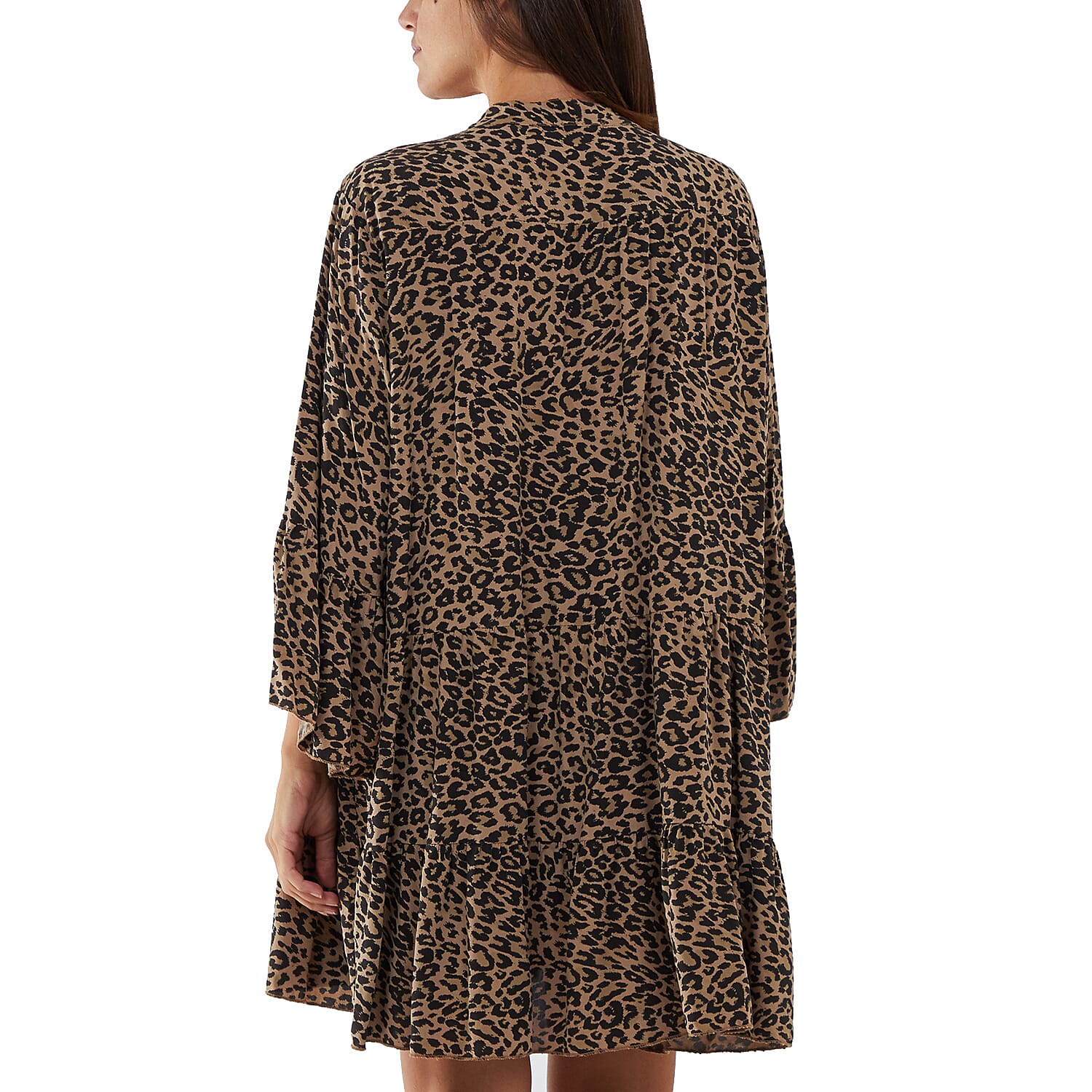 TAMSY Viscose Leopard Pattern Smock Dress - Khaki