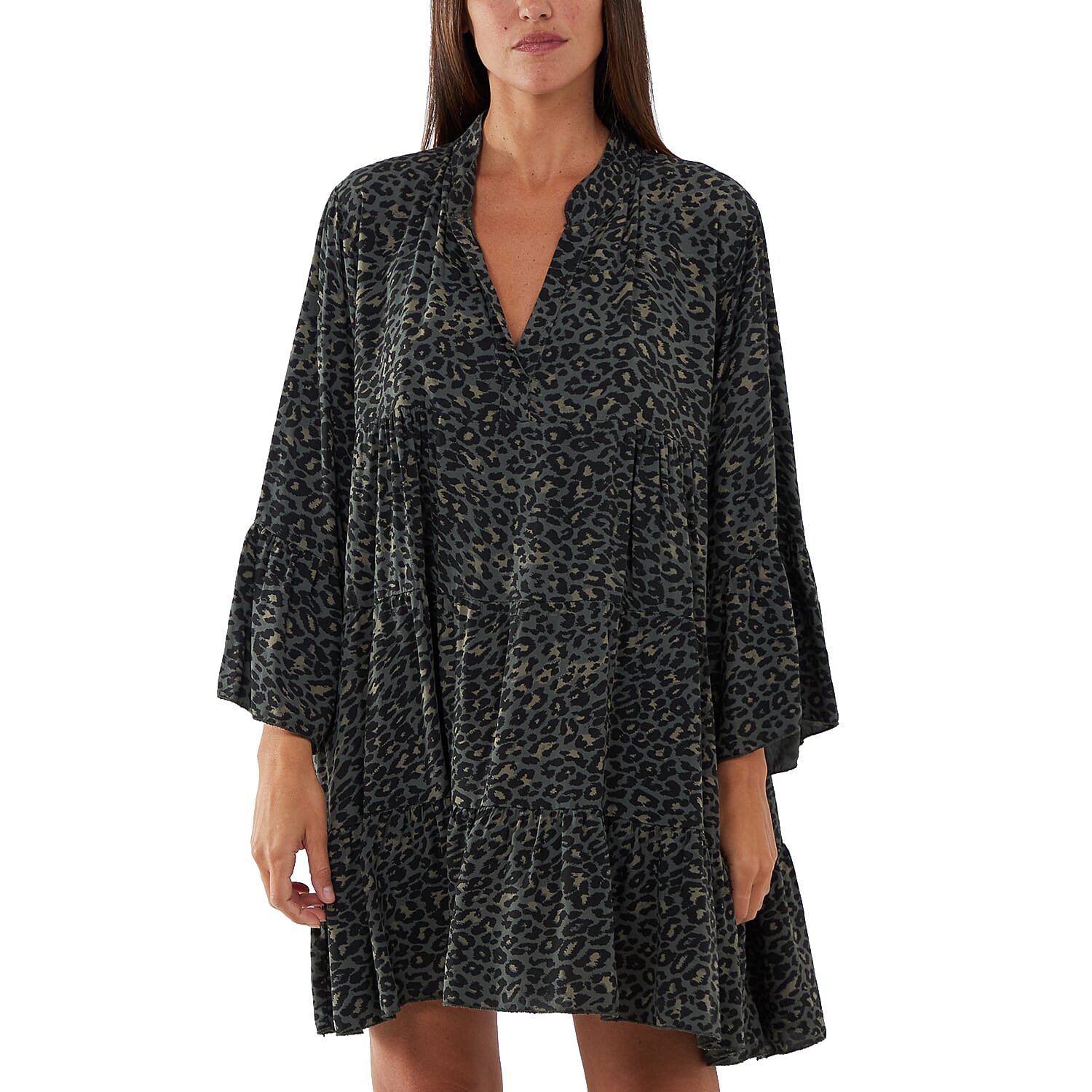 TAMSY 100% Viscose Leopard Pattern Smock Dress (One Size) - Khaki & Black