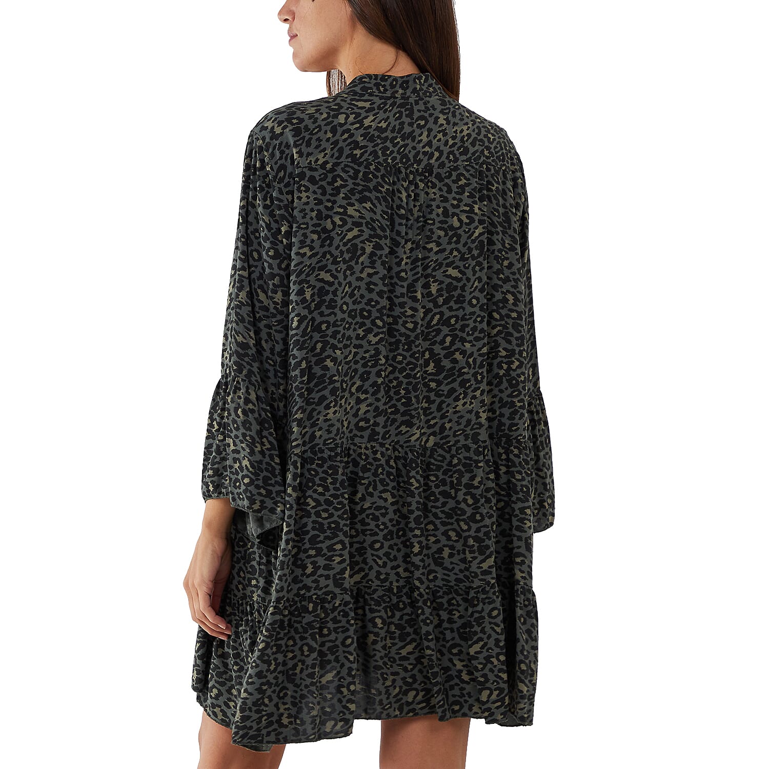 TAMSY 100% Viscose Leopard Pattern Smock Dress (One Size) - Khaki & Black